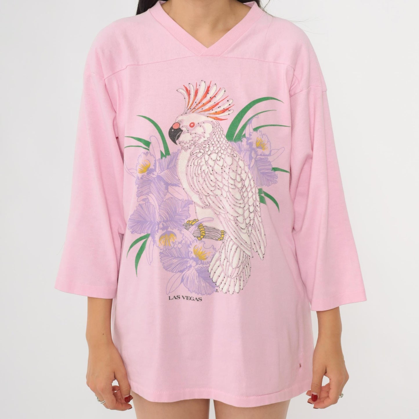 90s Miller Pink Cockatoo Bird V-Neck Shirt Three Quarter Sleeve Large L
