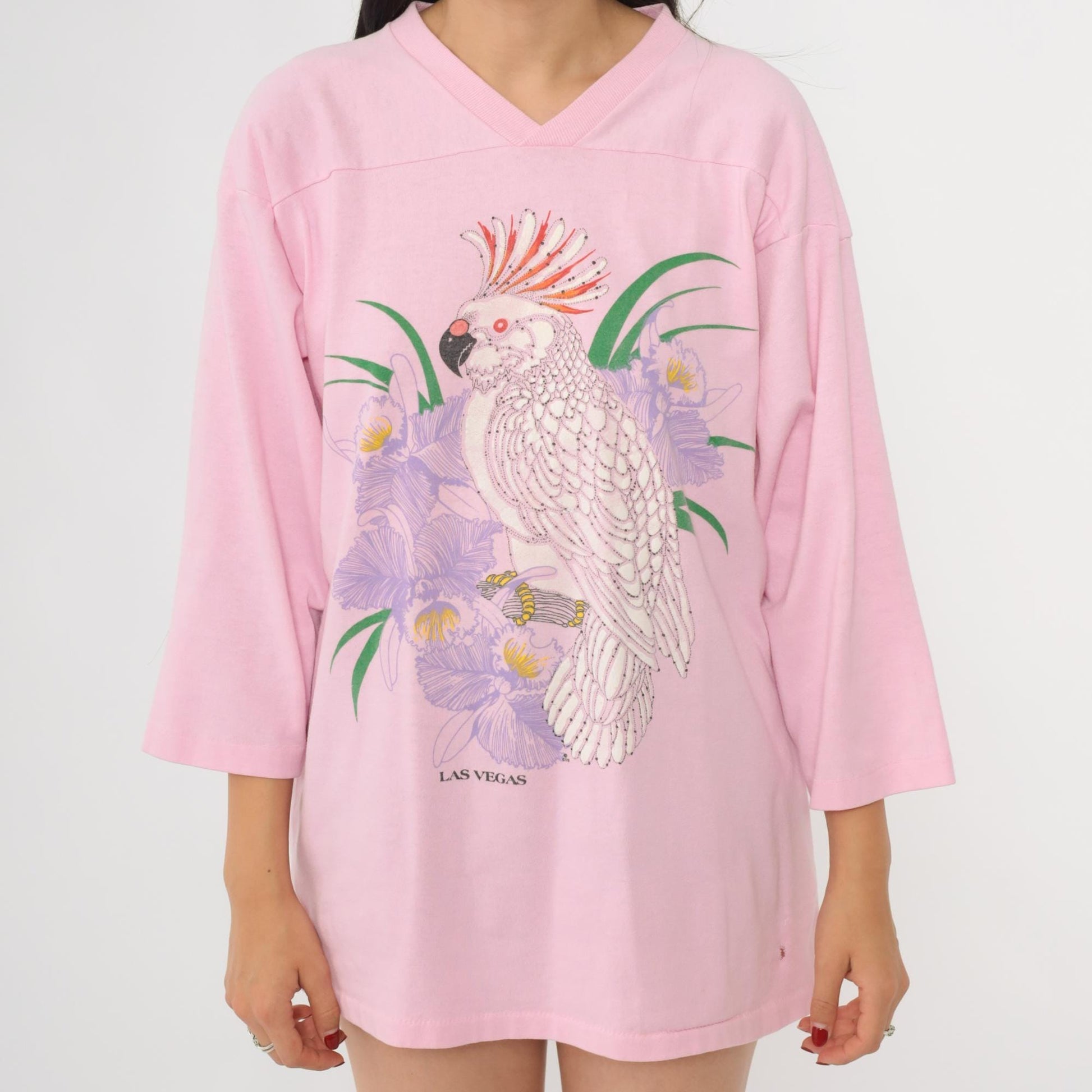 90s Miller Pink Cockatoo Bird V-Neck Shirt Three Quarter Sleeve Large L