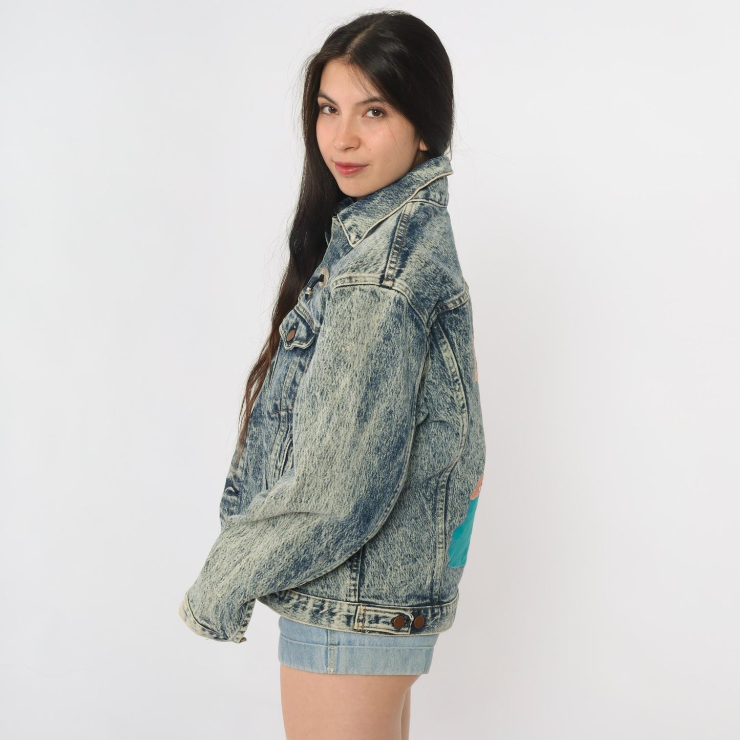 90s Bristol Blues Acid Wash Denim Jacket Painted Southwest Adobe Pueblo Small