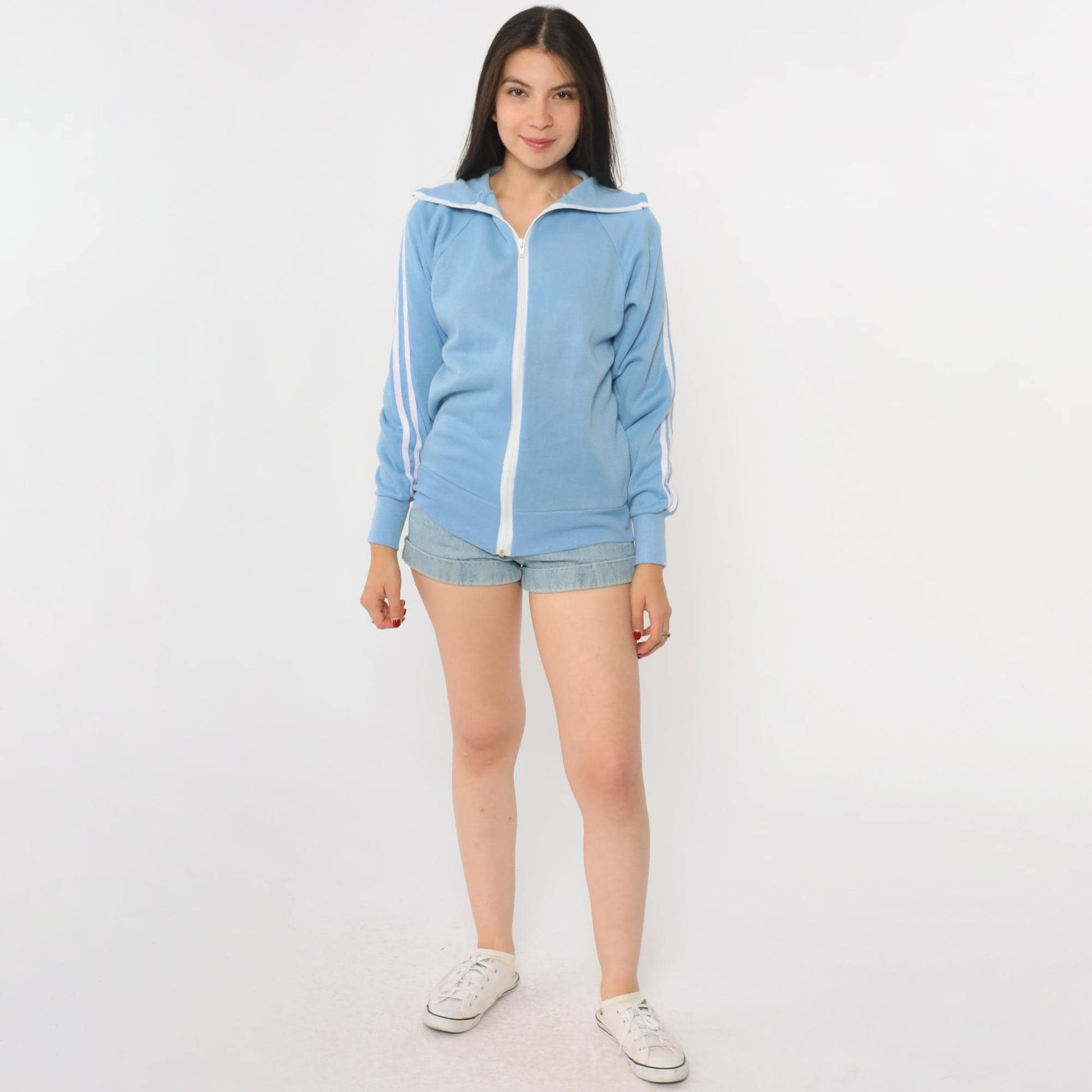 80s Sears Light Blue Striped Track Jacket Zip Front Hoodie Small