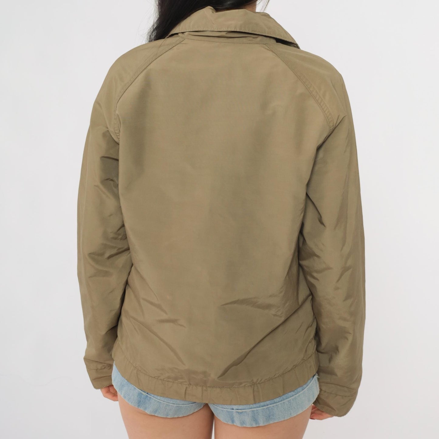 LL Bean Khaki Bomber Jacket 90s Zip Front Utility Flight Windbreaker Small