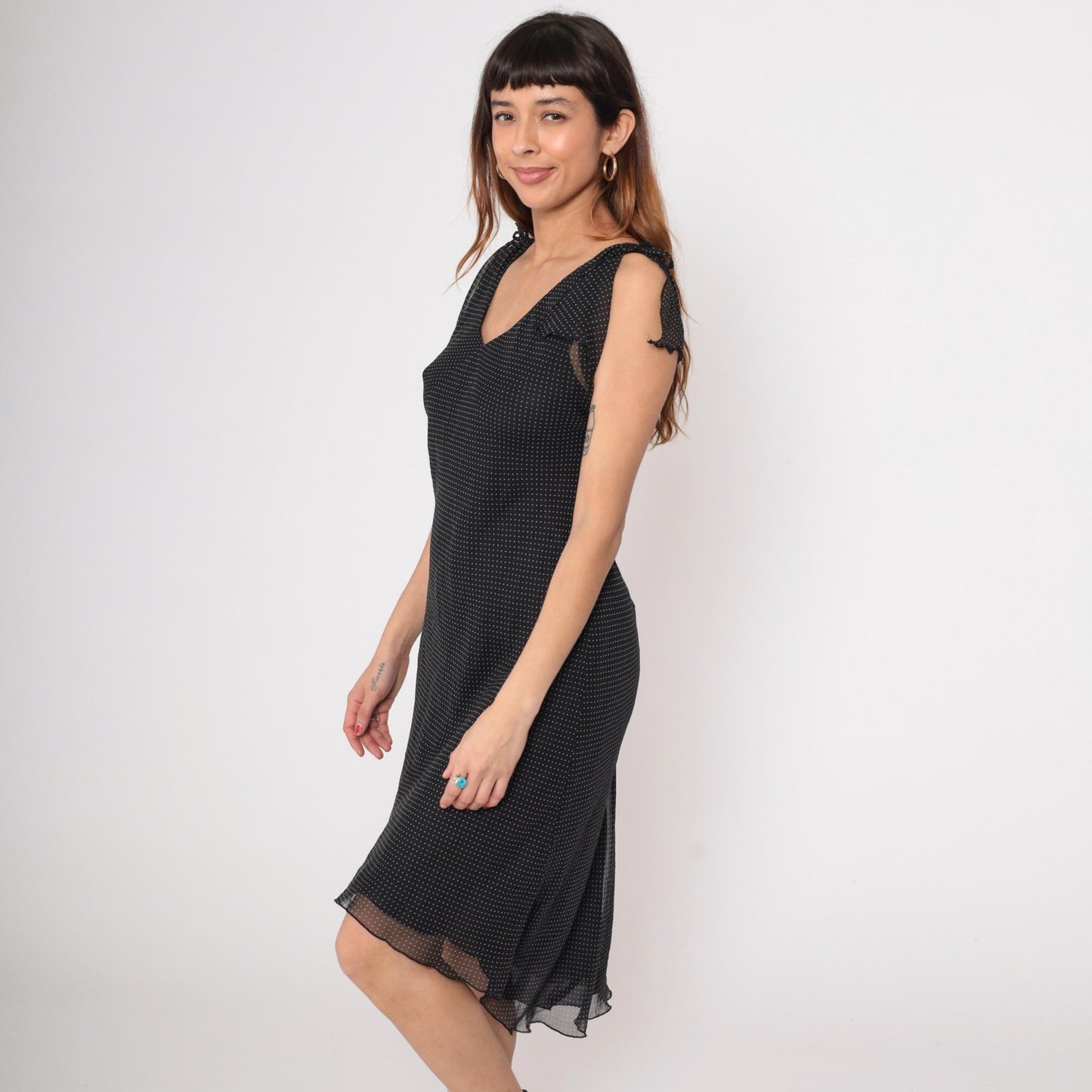 90s Black Swiss Dot Midi Dress Sleeveless V-Neck Tie Shoulder Chiffon Medium