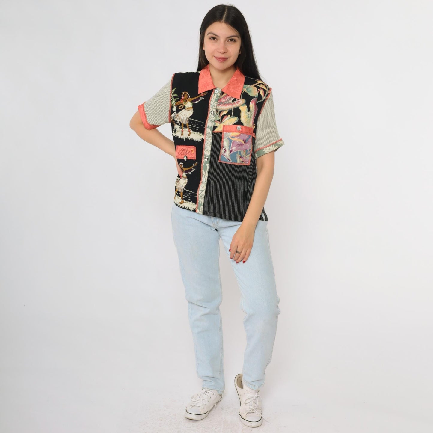 90s Faith Patchwork Hawaiian Shirt Tropical Print Button Front Small S