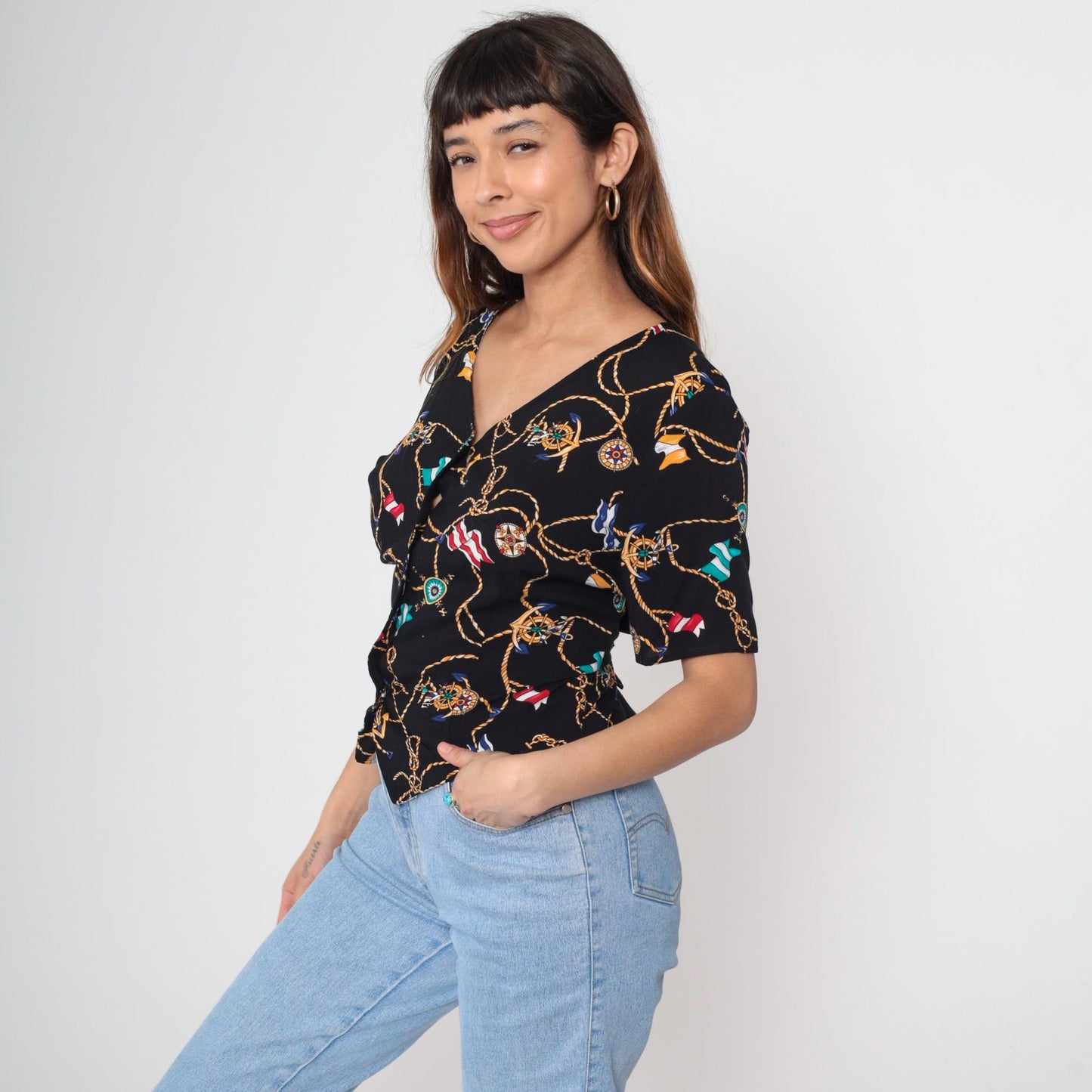 90s Kathie Lee Nautical Print Blouse Black Button-Front Short Sleeve Medium