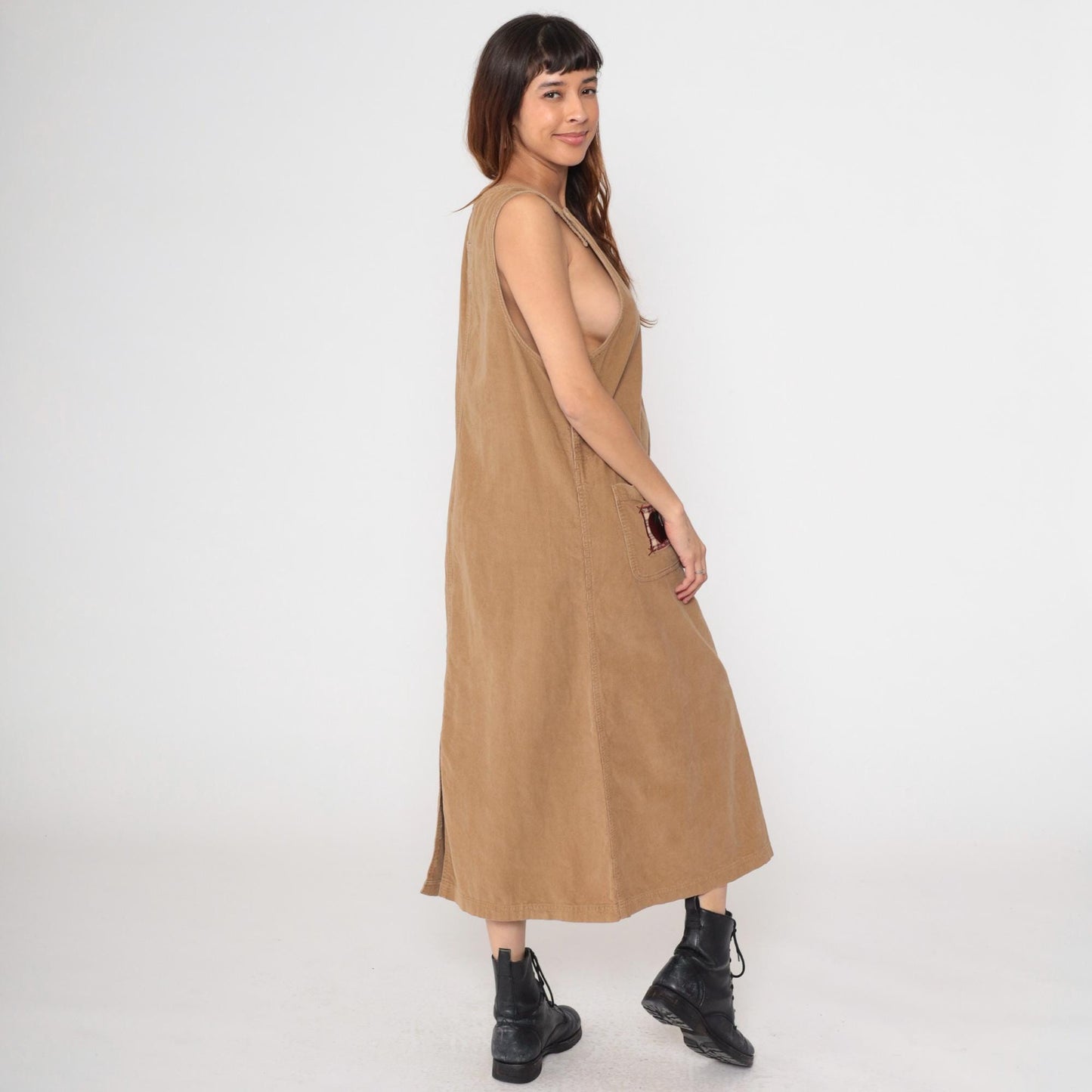 90s Mandal Bay Corduroy Jumper Dress Tan Apple Embroidery Maxi Large L