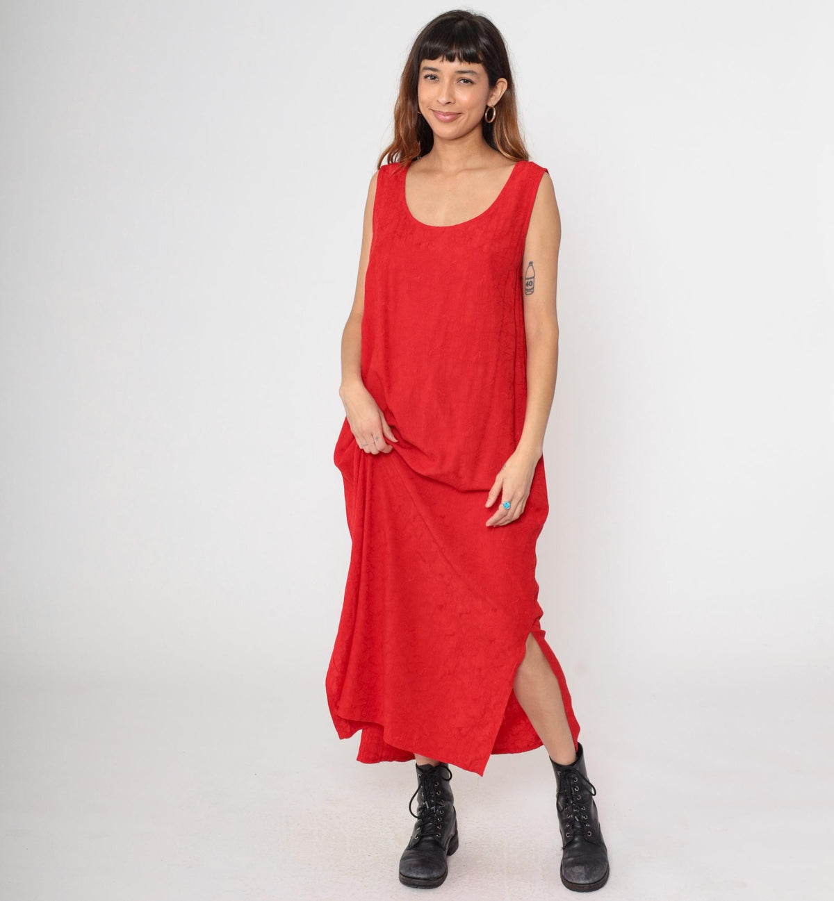 90s Red Rayon Maxi Dress Sleeveless Tank Column Large L