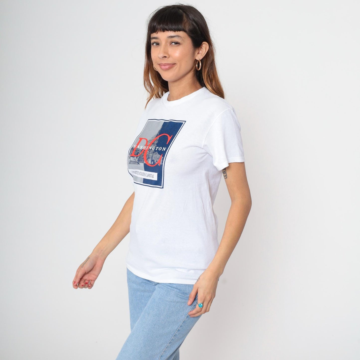 90s Washington DC Eagle Crest Graphic T-Shirt Heather White Small