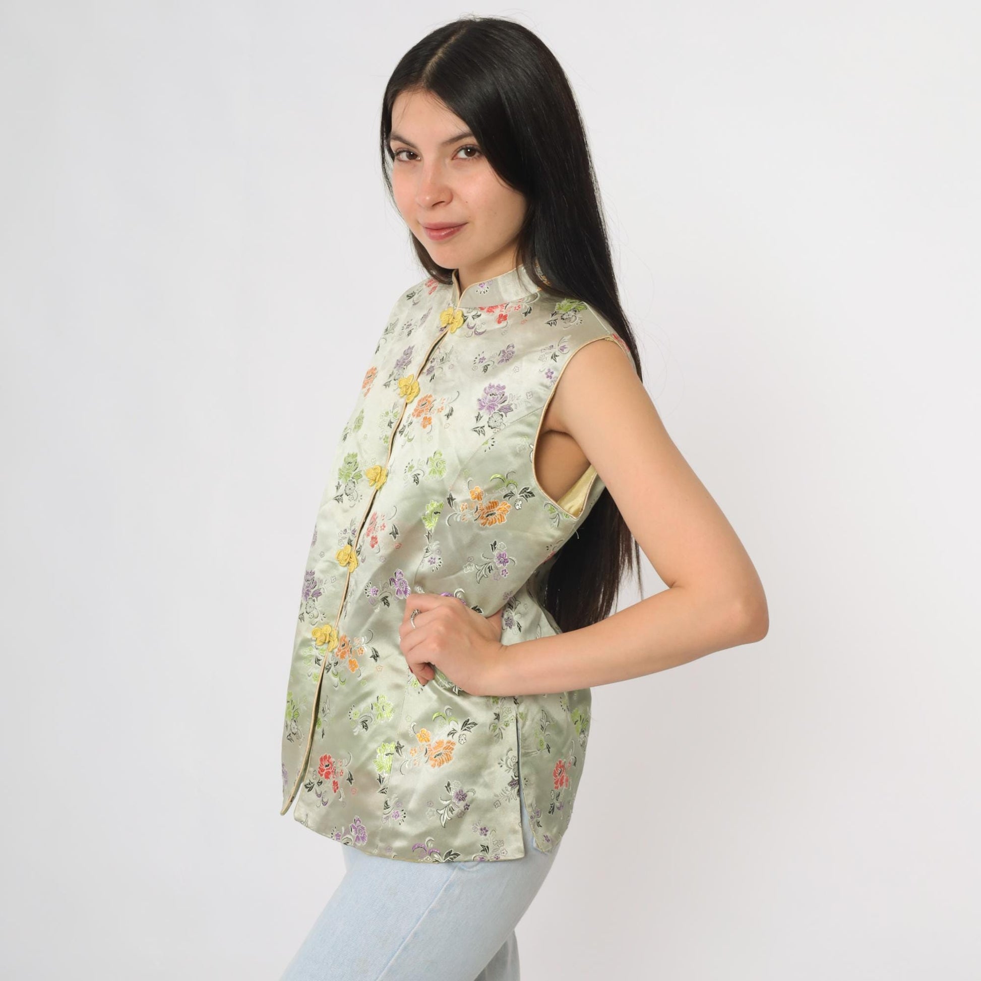 Y2K Sage Green Cheongsam Top Mandarin Collar Floral Embroidered Satin Small