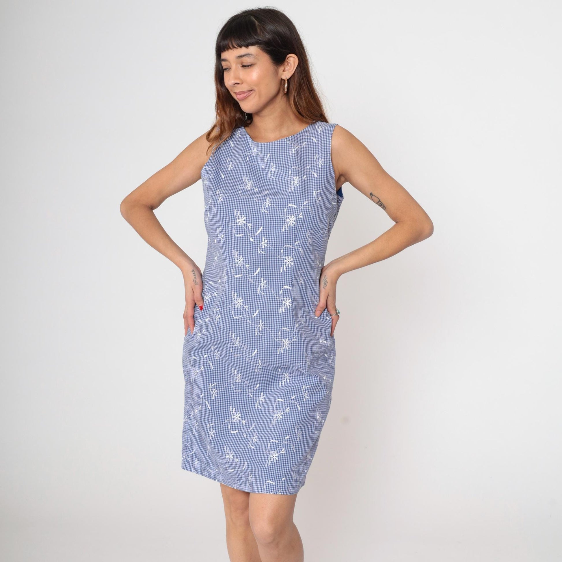 90s Blue Gingham Mini Dress Embroidered Floral Sleeveless Scoop Neck Medium M