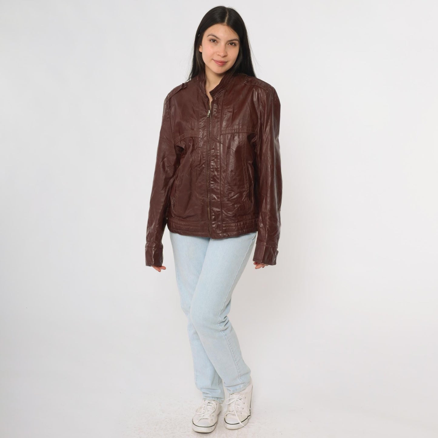 80s Brown Leather Bomber Jacket Epaulet Shoulders Zip Front Women's Medium