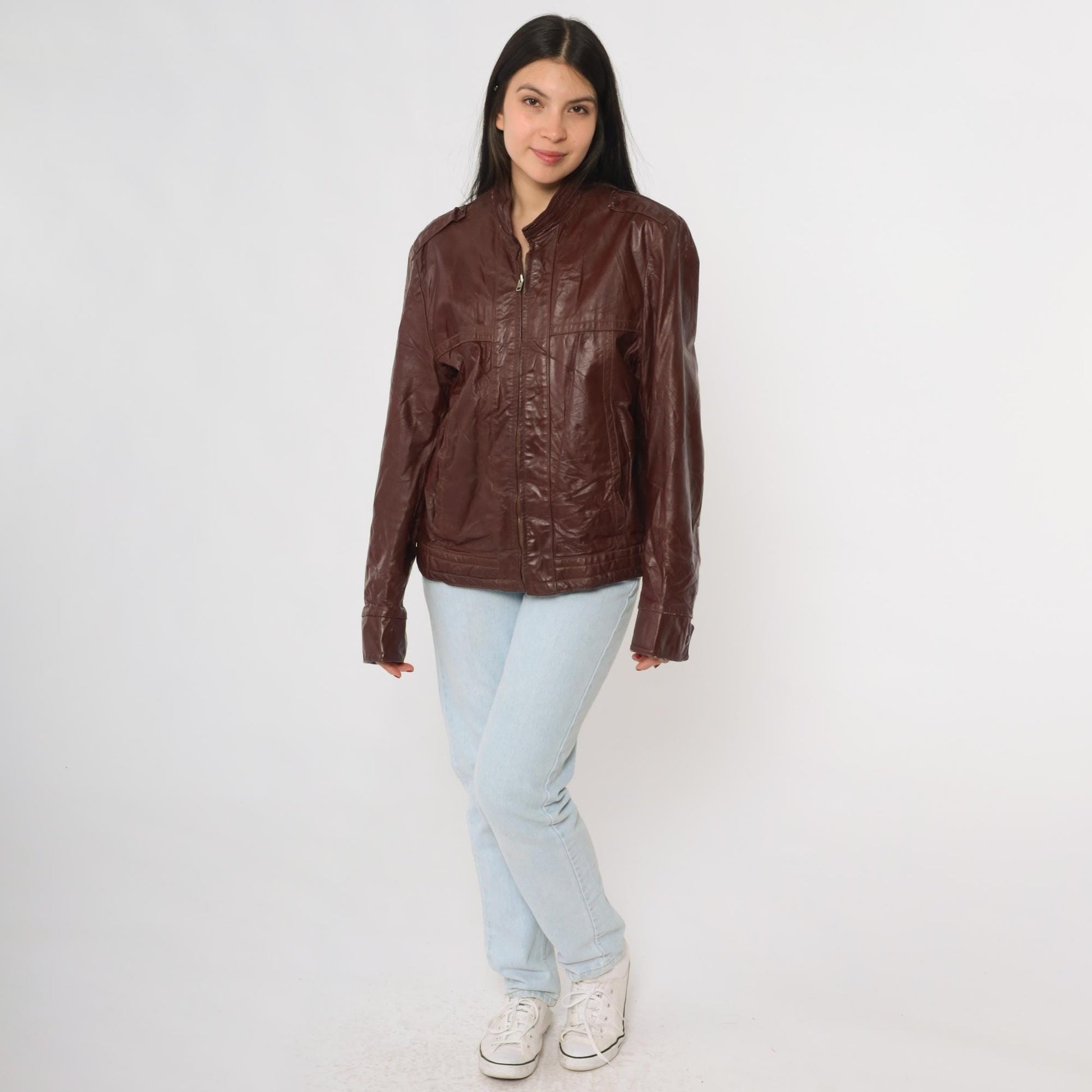 80s Brown Leather Bomber Jacket Epaulet Shoulders Zip Front Women's Medium