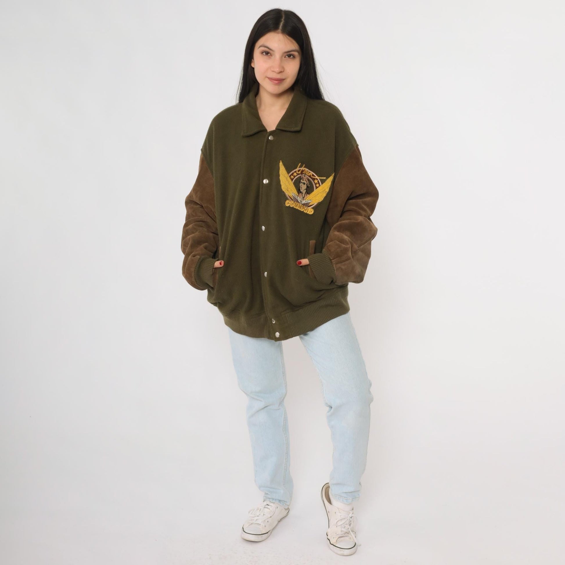 80s Aviator Bomber Jacket Green Suede Sleeves Pilot Embroidery Extra Large XL