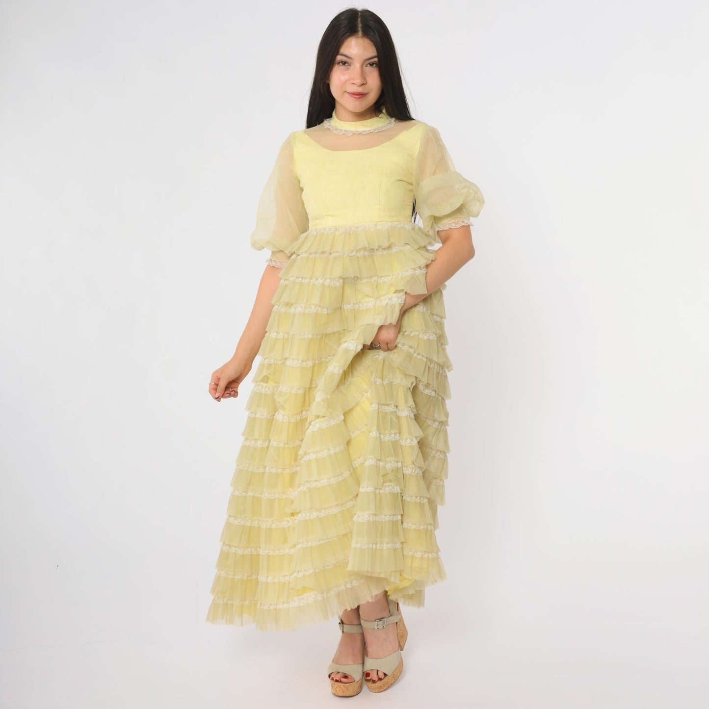 60s Yellow Maxi Dress Tiered Puff Sleeve Lace Trim Extra Small XS
