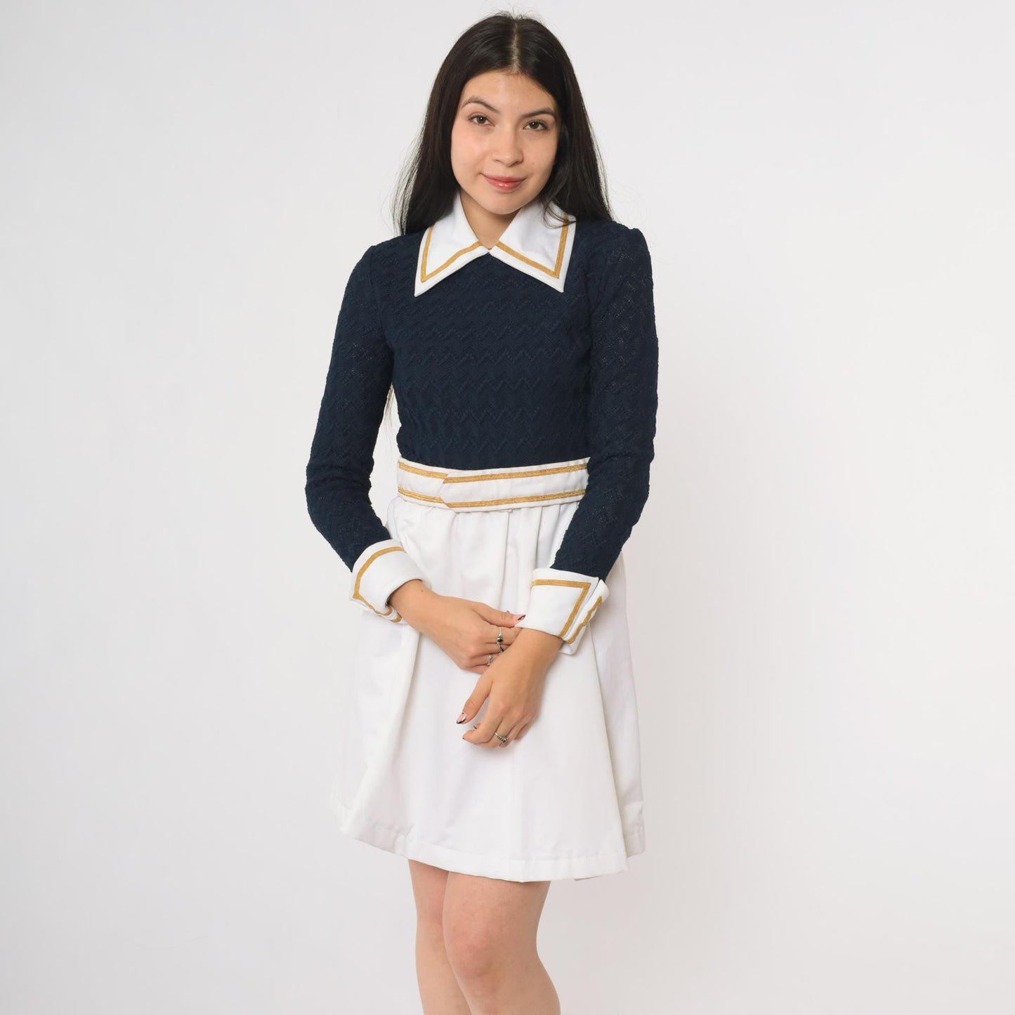 70s Navy Mini Dress Peter Pan Collar Gold Trim A-Line Long Sleeve Extra Small