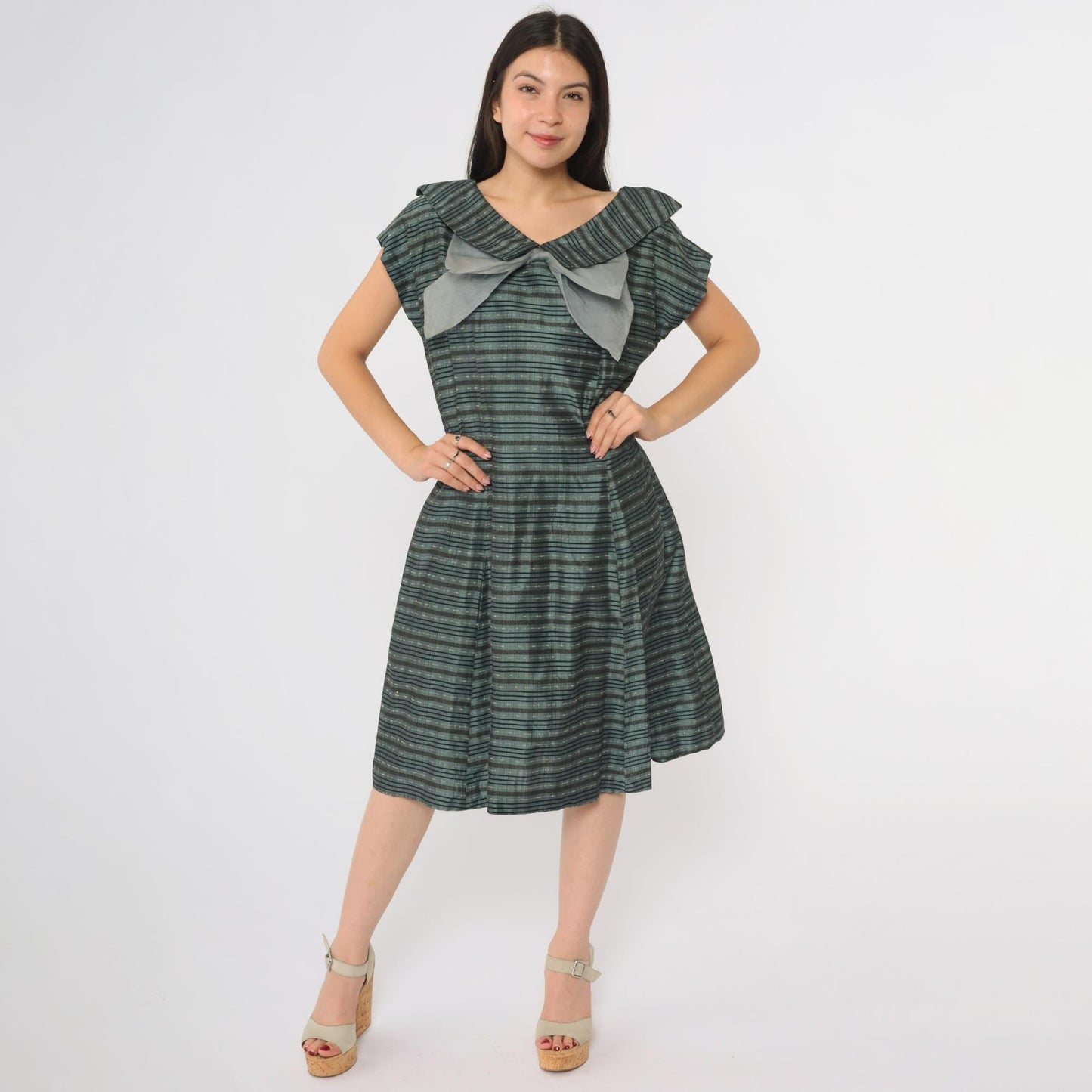 60s Gray Striped Bow Dress A-Line Midi Cap Sleeve V-Neck Large L