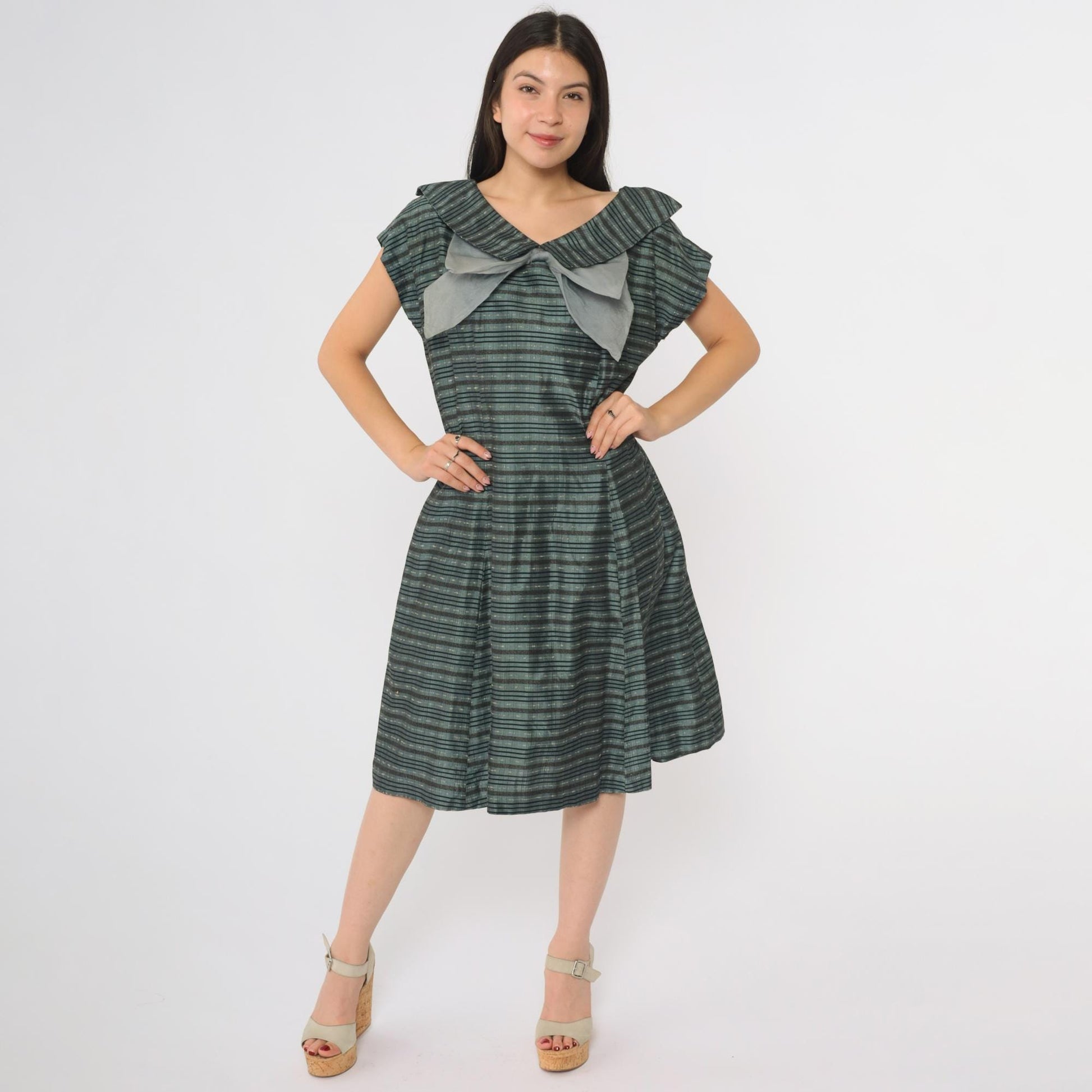 60s Gray Striped Bow Dress A-Line Midi Cap Sleeve V-Neck Large L