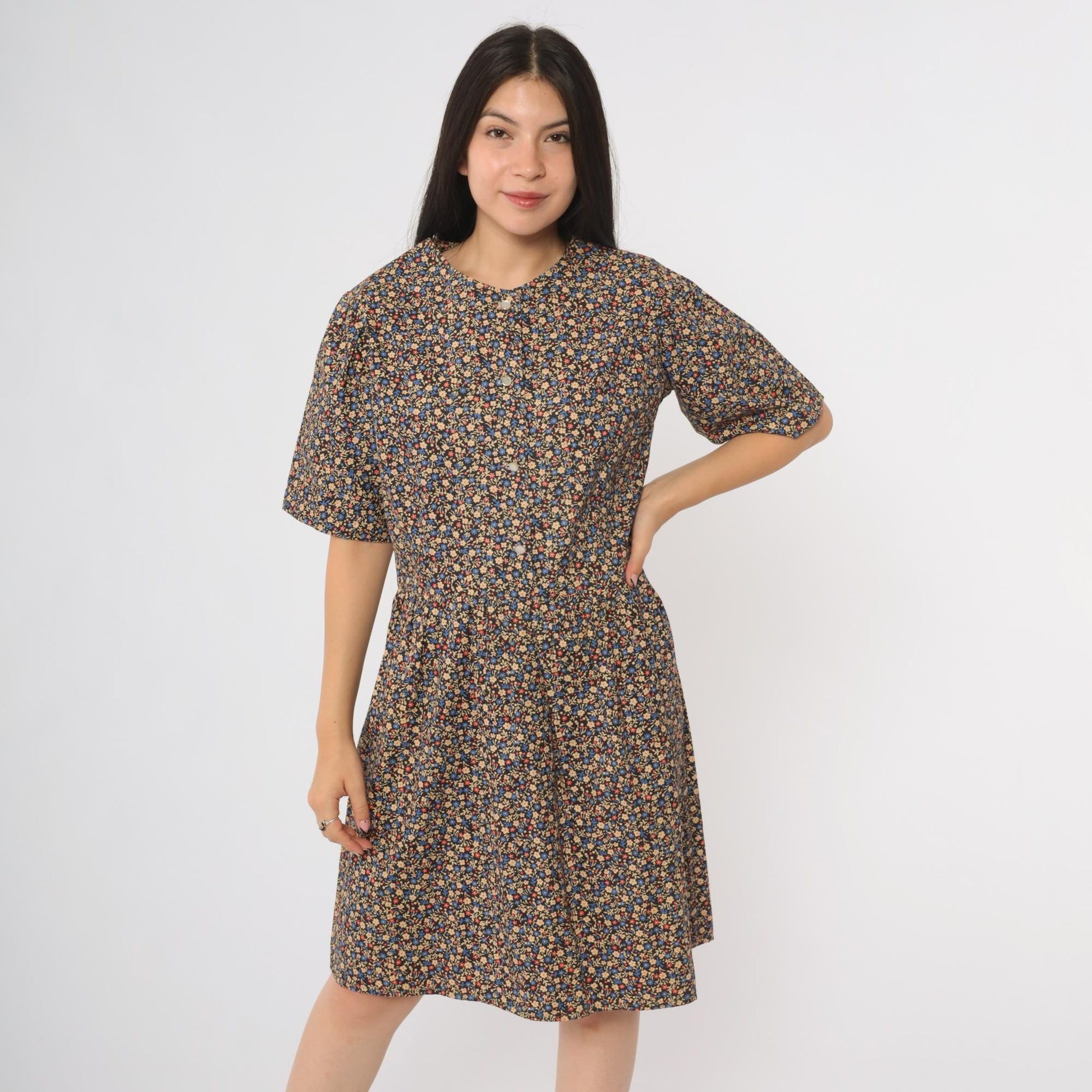 60s Navy Floral Mini Dress A-Line Button Front Short Sleeve Large