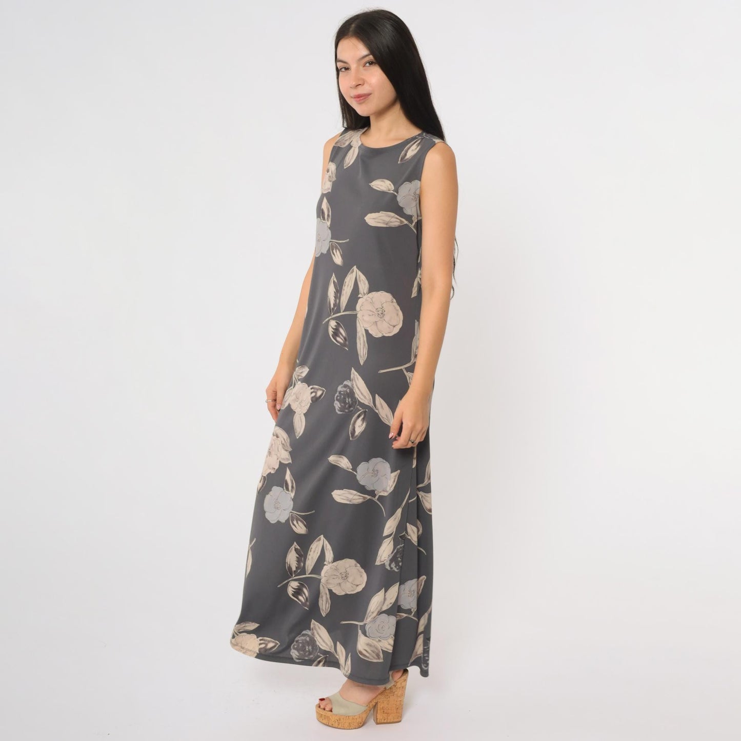90s Kathie Lee Collection Grey Floral Maxi Dress Sleeveless Tank Medium M