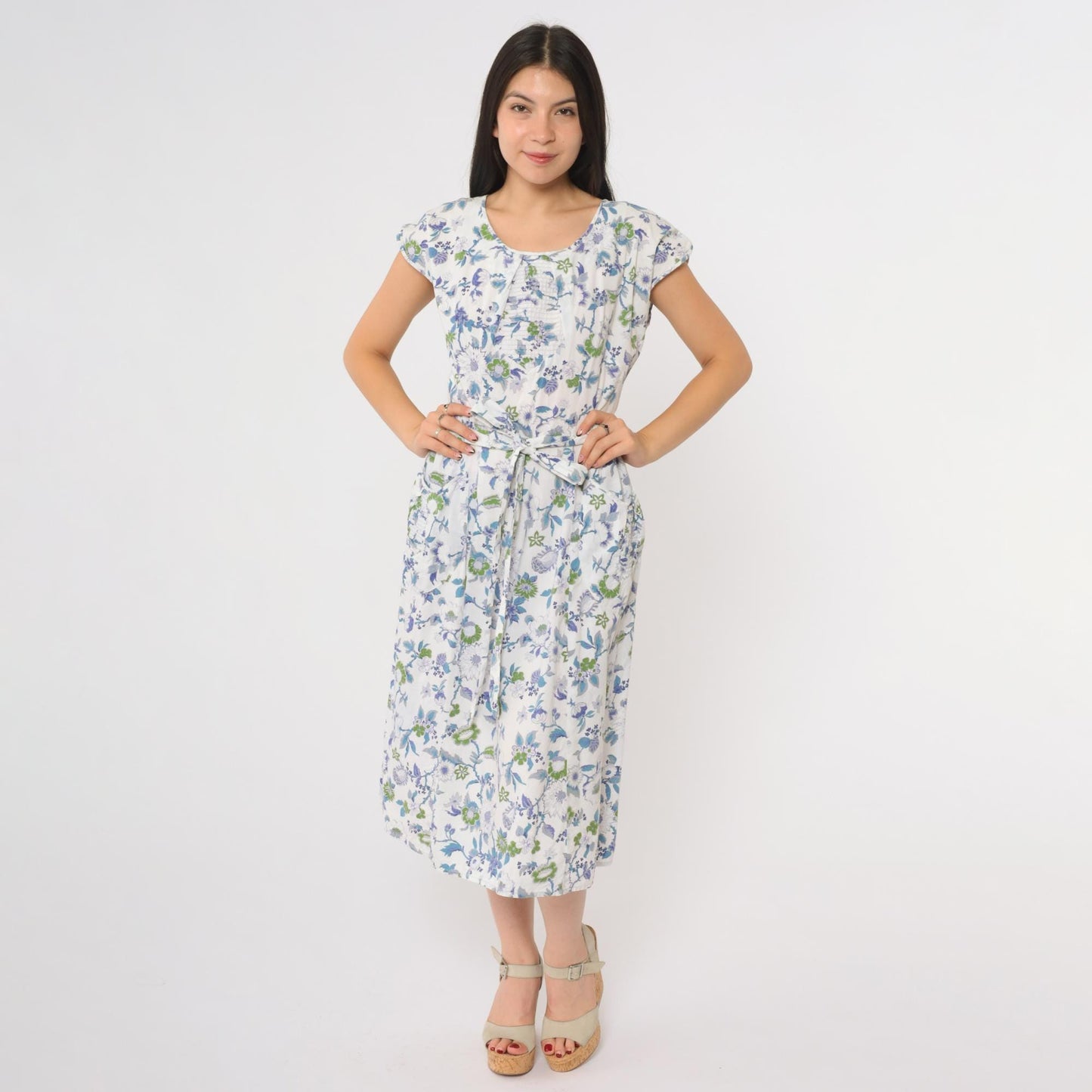 60s Swirl Floral Wrap Dress Blue White Cap Sleeve Midi Tie Waist Medium M