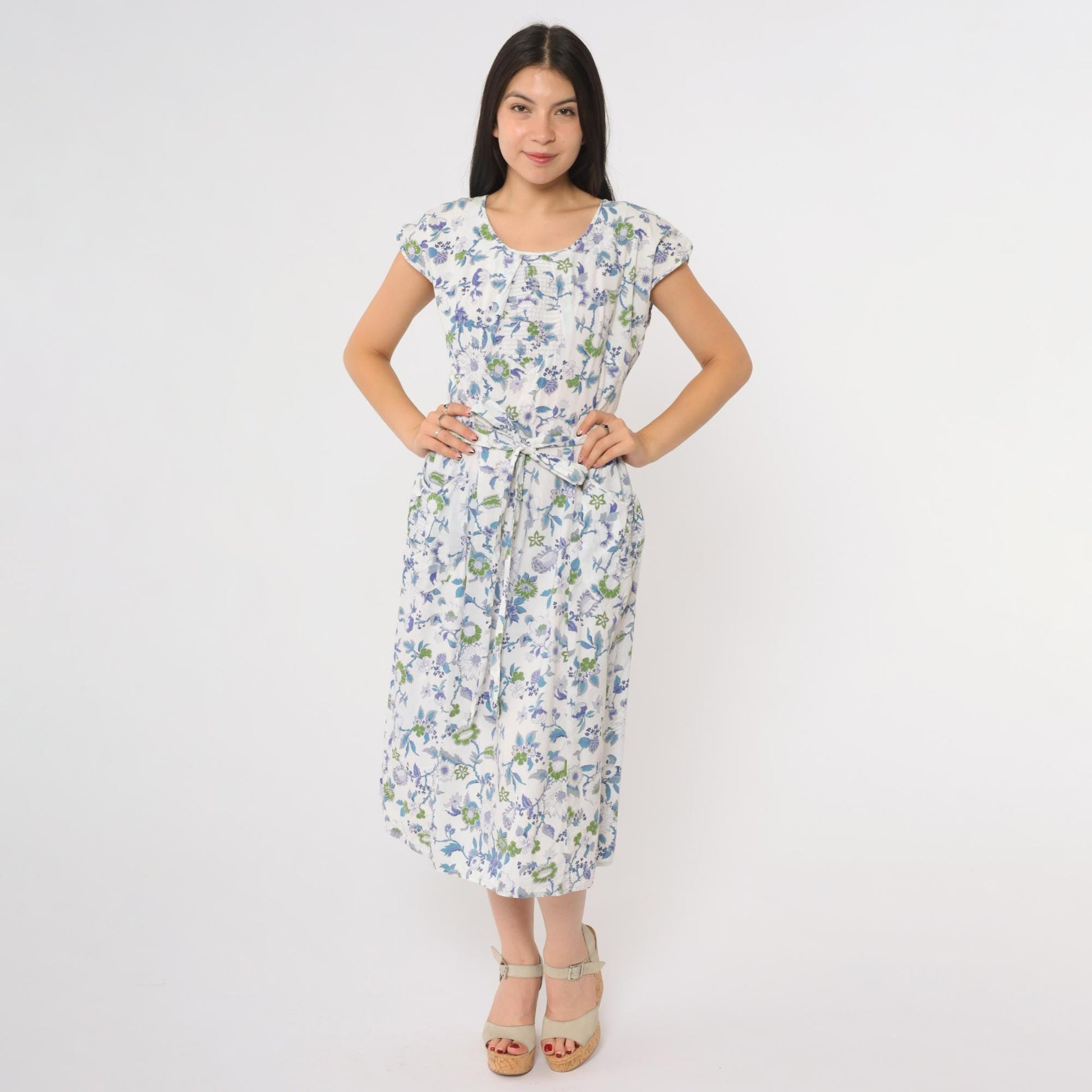 60s Swirl Floral Wrap Dress Blue White Cap Sleeve Midi Tie Waist Medium M