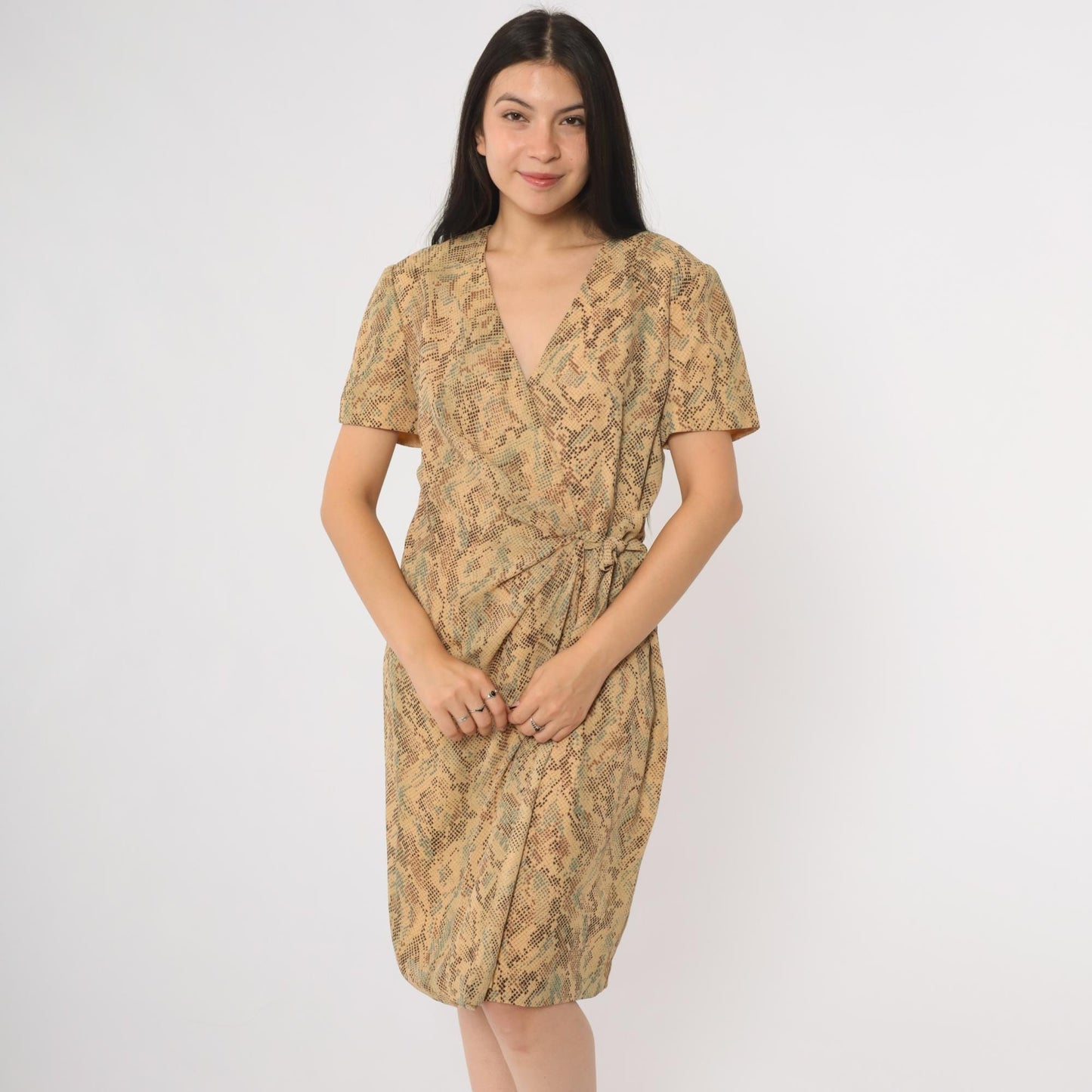 90s Talbots Snake Print Wrap Dress Short Sleeve V-Neck Beige Brown Medium