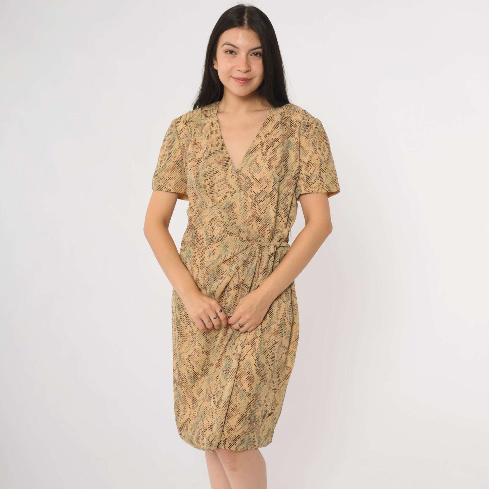 90s Talbots Snake Print Wrap Dress Short Sleeve V-Neck Beige Brown Medium