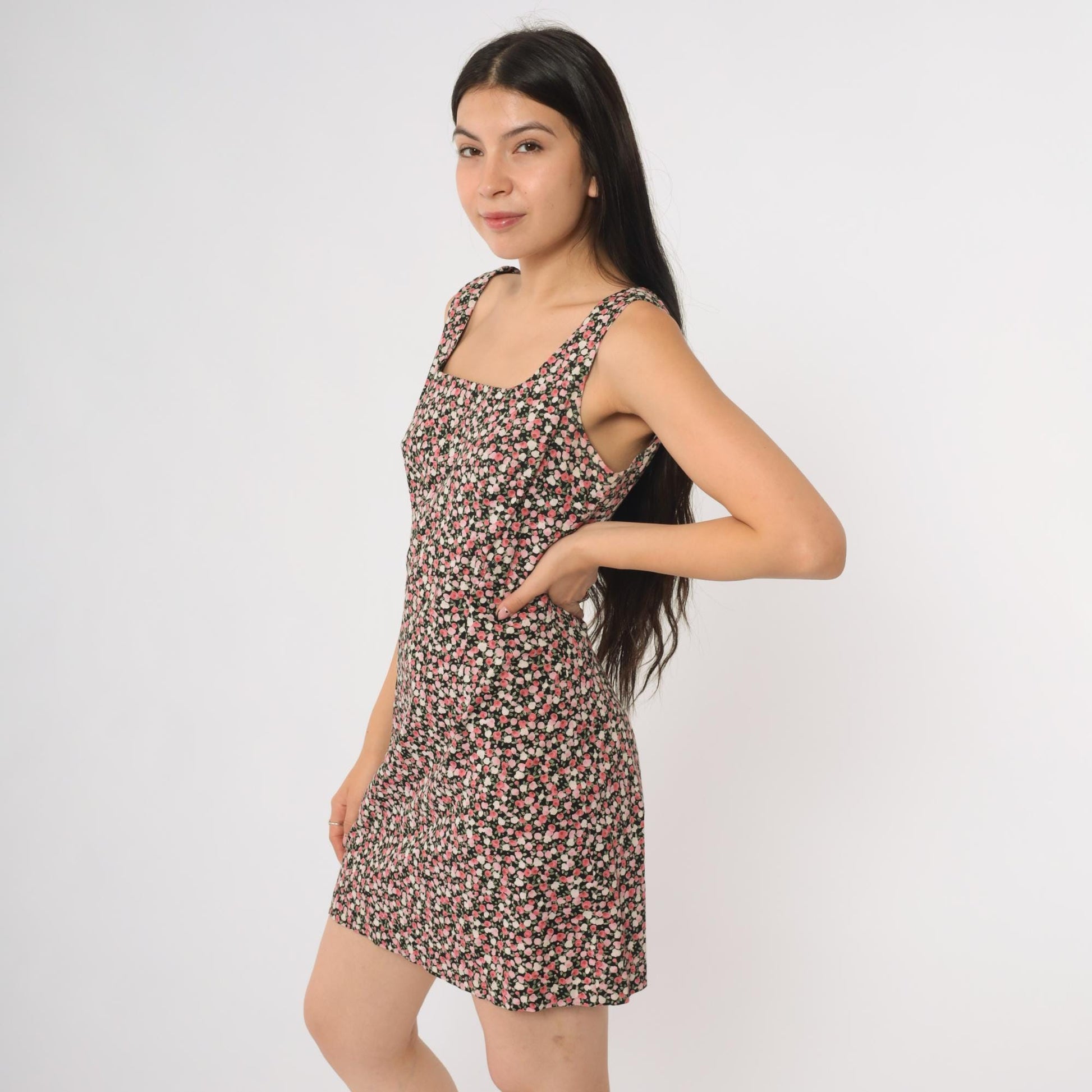 90s Black Floral Mini Dress Square Neck Sleeveless Bodycon Ditsy Print Medium