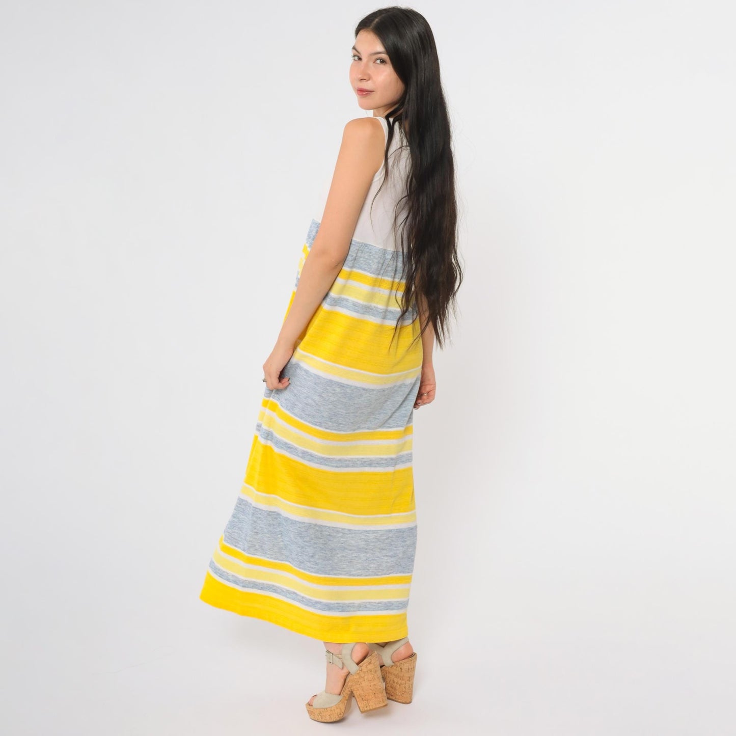 70s Yellow Grey Striped Maxi Dress Sleeveless Scoop Neck A-Line Medium