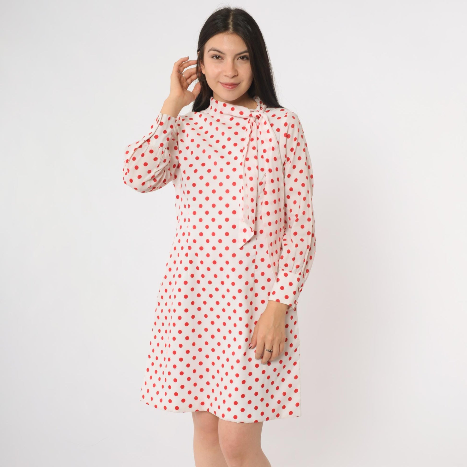 60s Mod Polka Dot Mini Dress Ascot Bow Tie Long Sleeve White Red Medium M