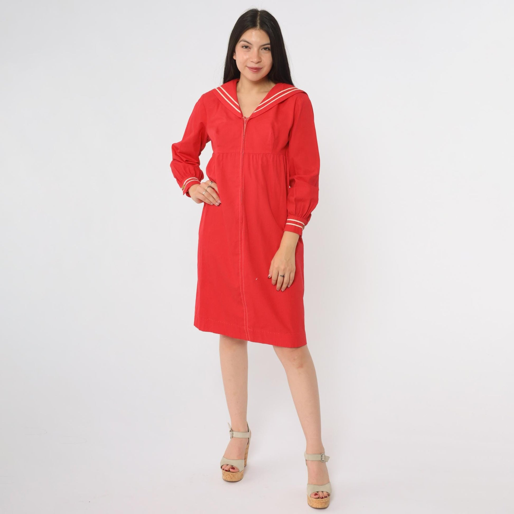 60s Mr. Aref California Red Sailor Dress White Stripe Midi A-Line Small