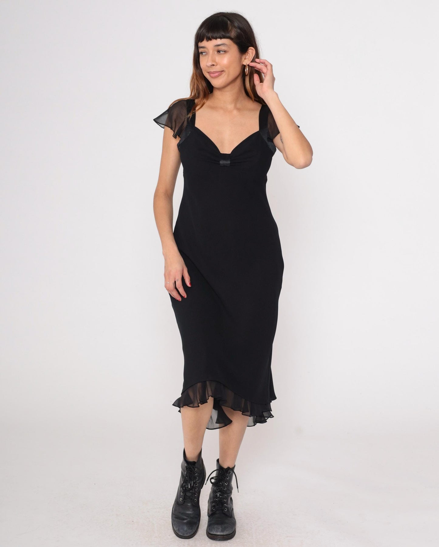90s Jones Wear Black Chiffon Midi Dress Flutter Sleeve V-Neck Medium