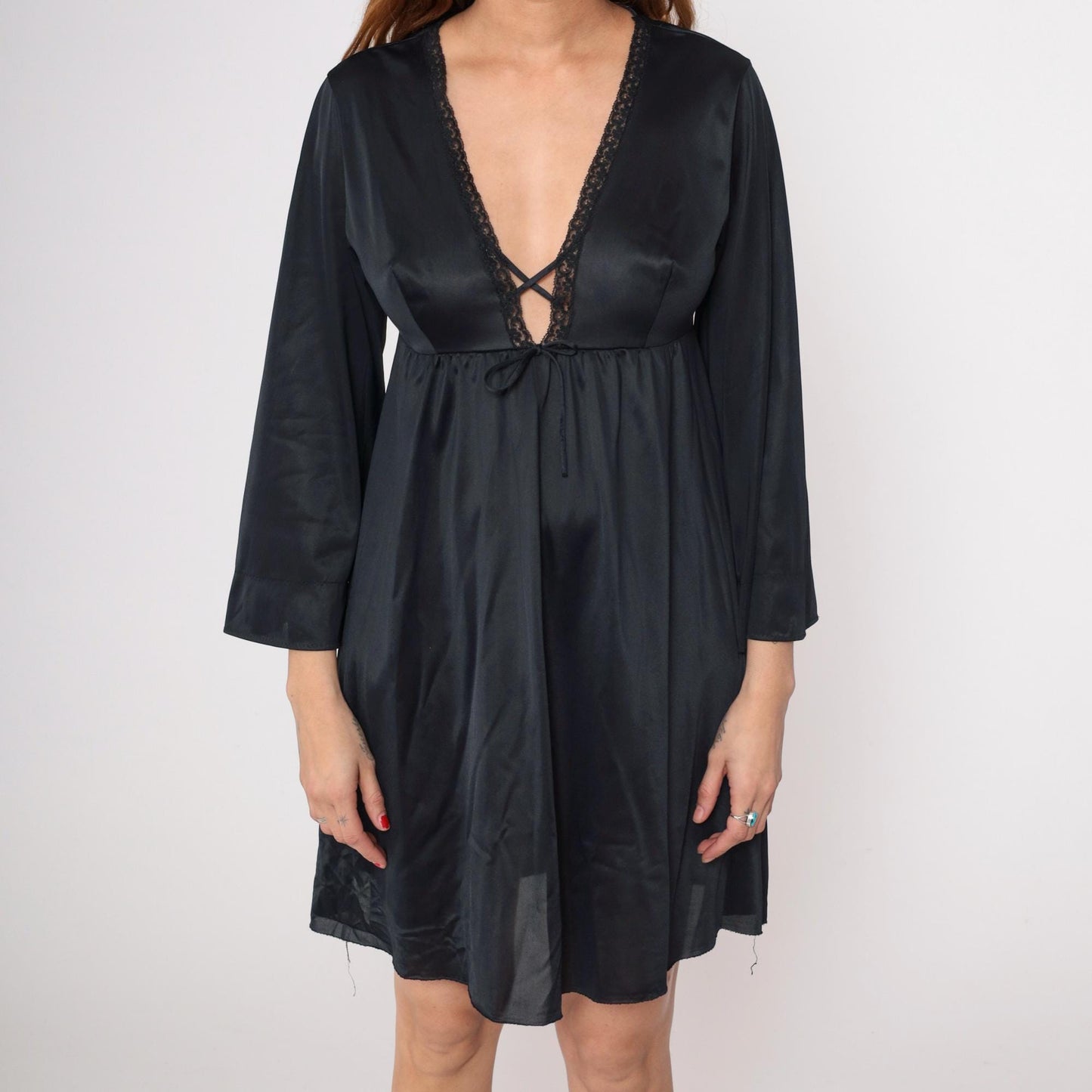 80s Black Nylon Deep V Mini Dress Empire Waist Long Sleeve Small