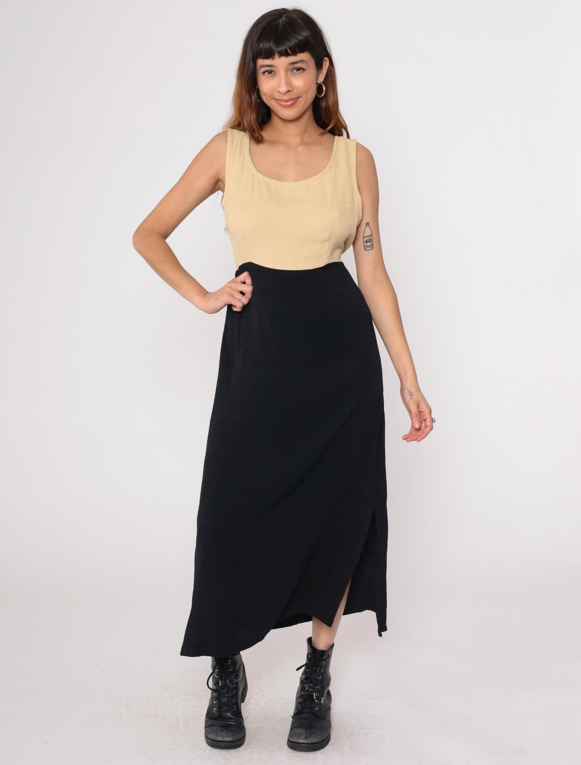 90s K Studio Color Block Maxi Dress Cream Black Tank Sleeveless Large