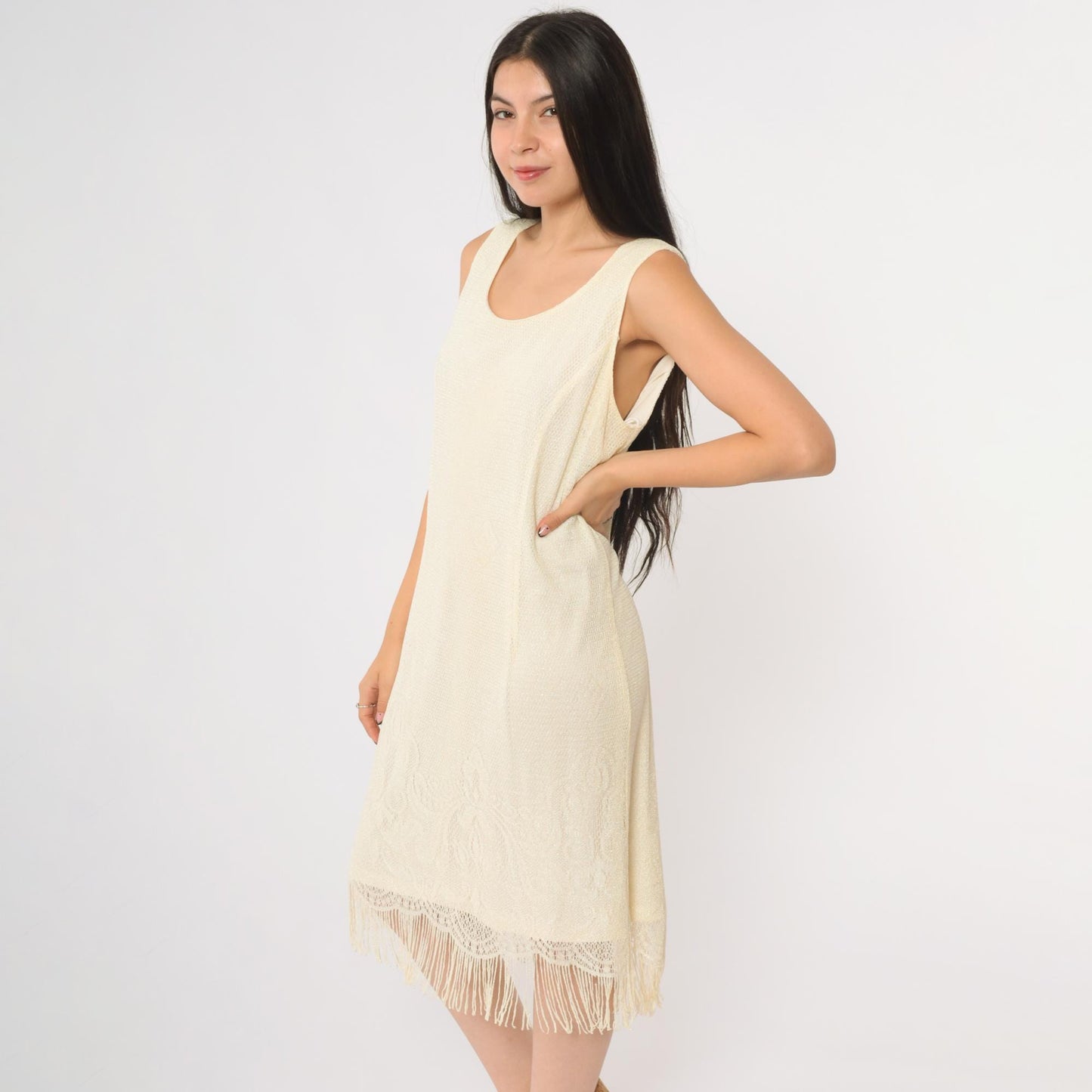 90s Onyx Nite Cream Metallic Fringe Midi Dress Scoop Neck Sleeveless Extra Large