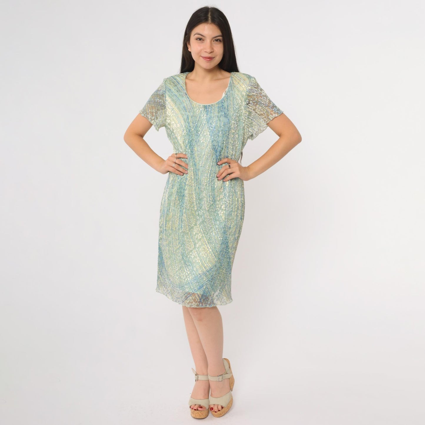90s Ronni Nicole Iridescent Shimmer Shift Dress Blue Green Knee Length Large