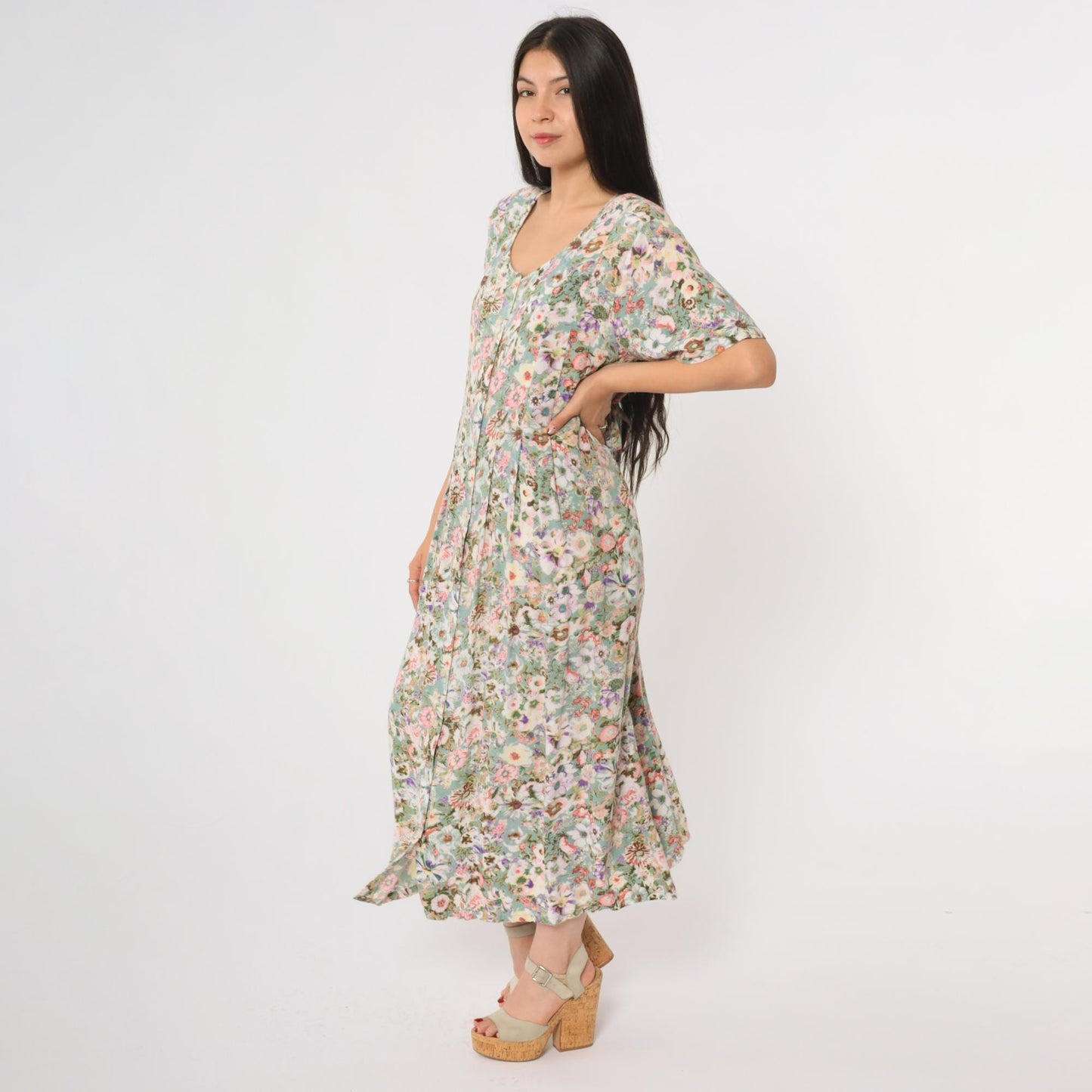 Y2K Floral Maxi Dress Sleeveless Scoop Neck Pink Green Botanical Rayon Medium