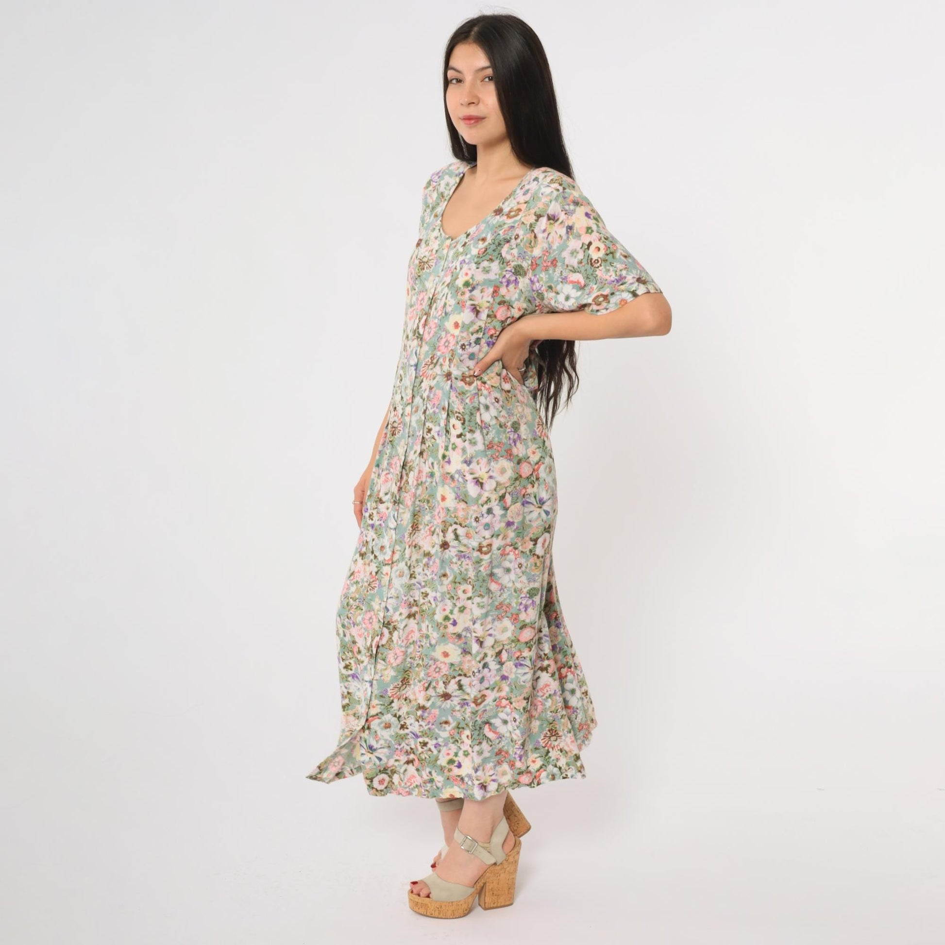 Y2K Floral Maxi Dress Sleeveless Scoop Neck Pink Green Botanical Rayon Medium