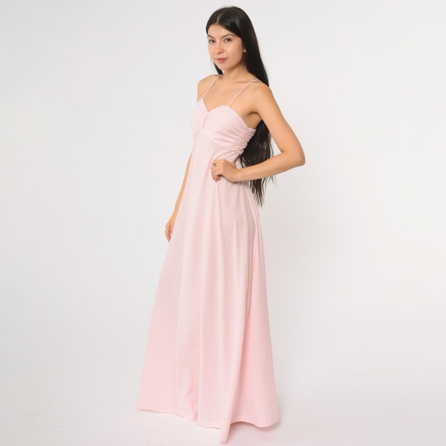 70s Pink Maxi Dress Spaghetti Strap Empire Waist Floor Length Back Zip Extra Small XS