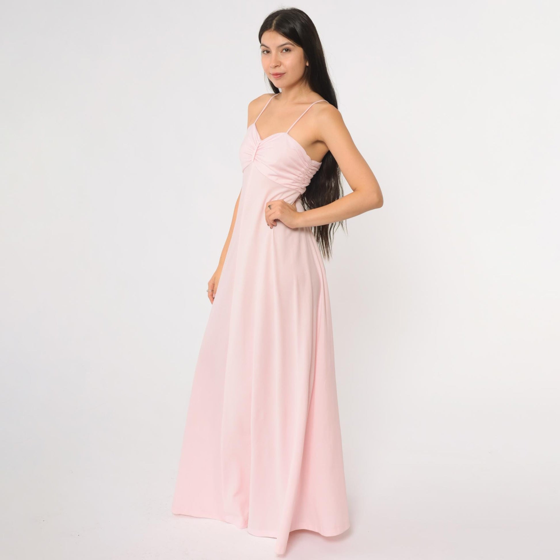 70s Pink Maxi Dress Spaghetti Strap Empire Waist Floor Length Back Zip Extra Small XS