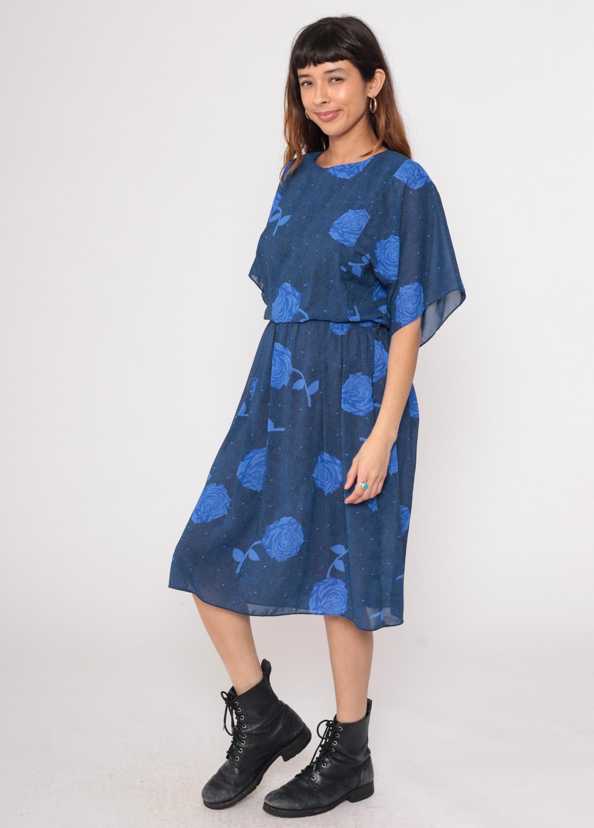 90s Navy Floral Midi Dress Positive Attitude Kimono Sleeve Small