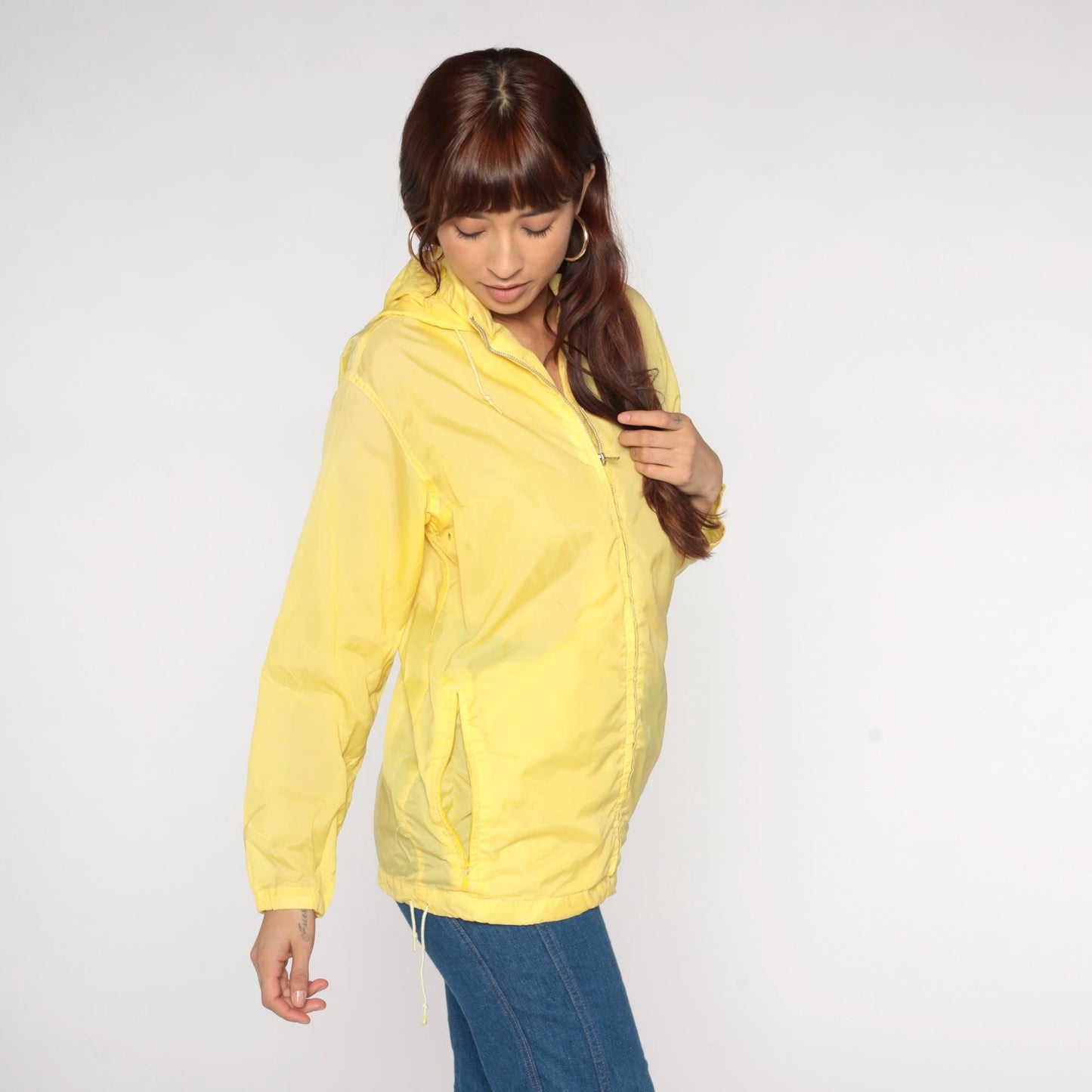 80s Yellow Nylon Hooded Windbreaker Jacket Zip-Up Medium M
