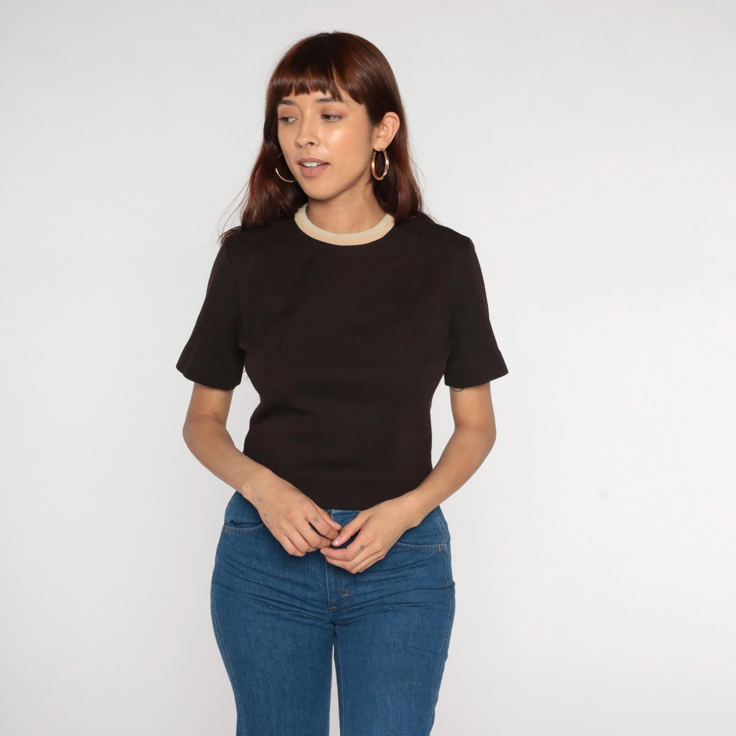 70s Cream Ringer Tee Brown Trim Cropped Fitted Short Sleeve Medium
