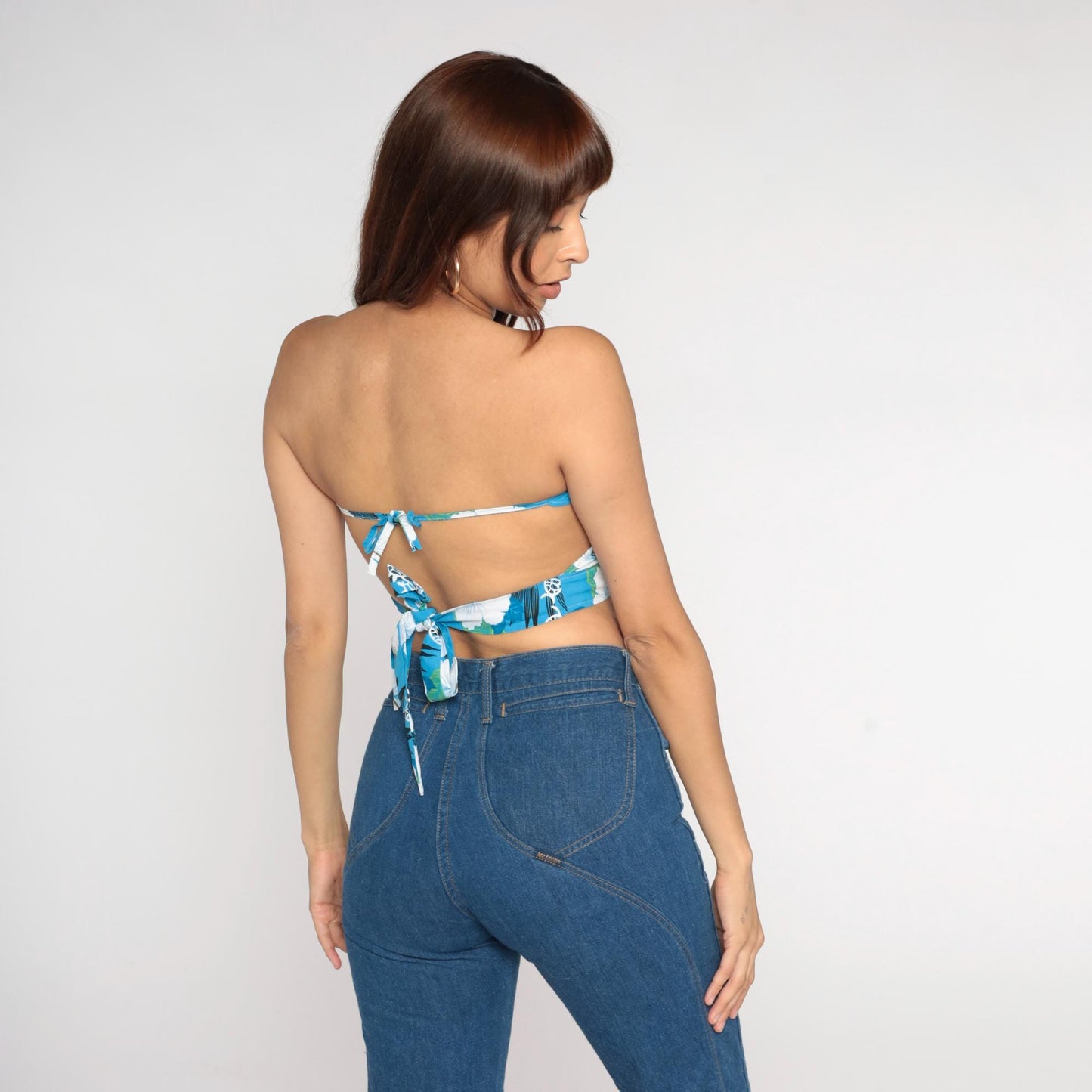 Y2K Blue Hawaiian Hibiscus Cotton Bandeau Crop Top Strapless Tie Back Small