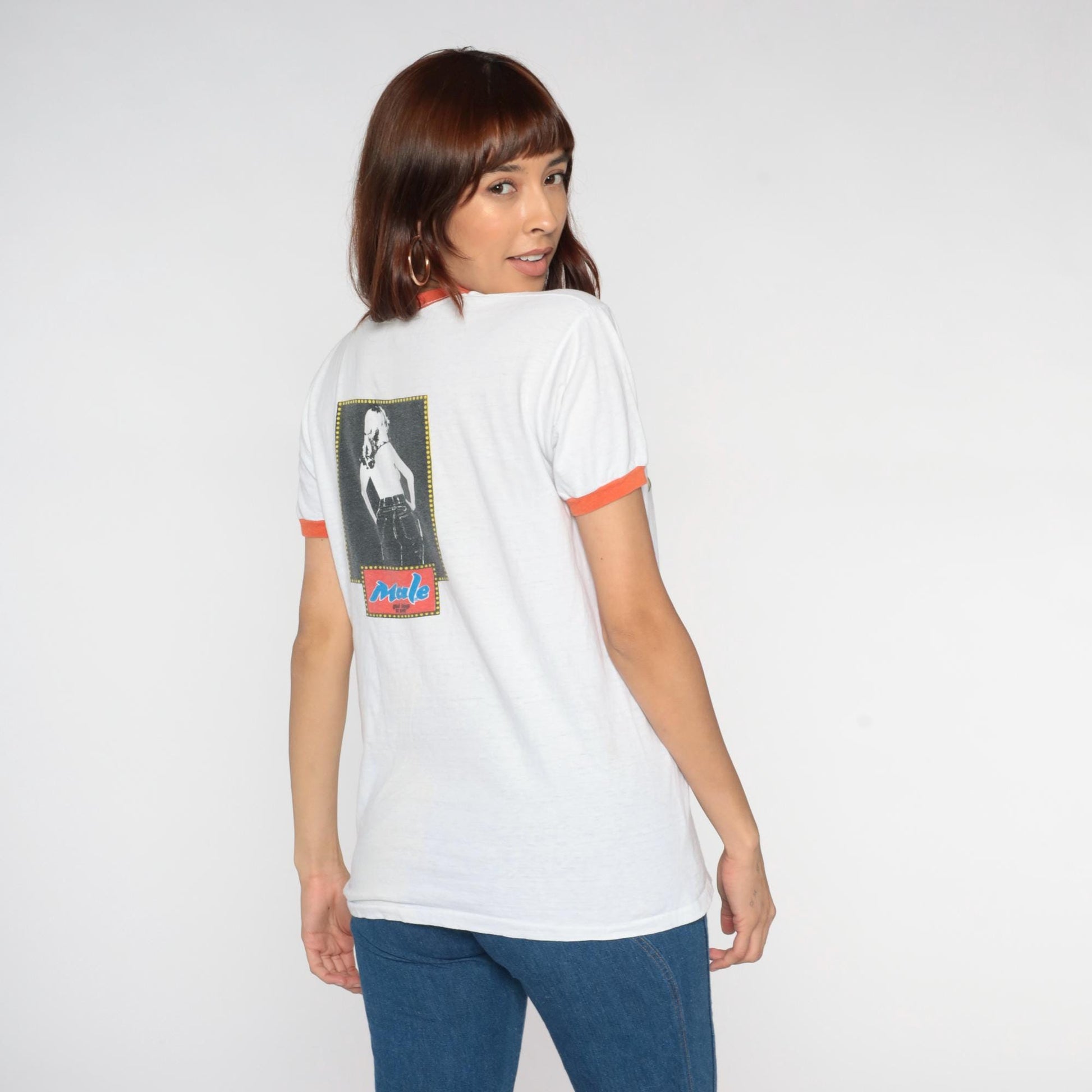70s Male Jeans Ringer T-Shirt White Orange Trim Pinup Graphic Medium