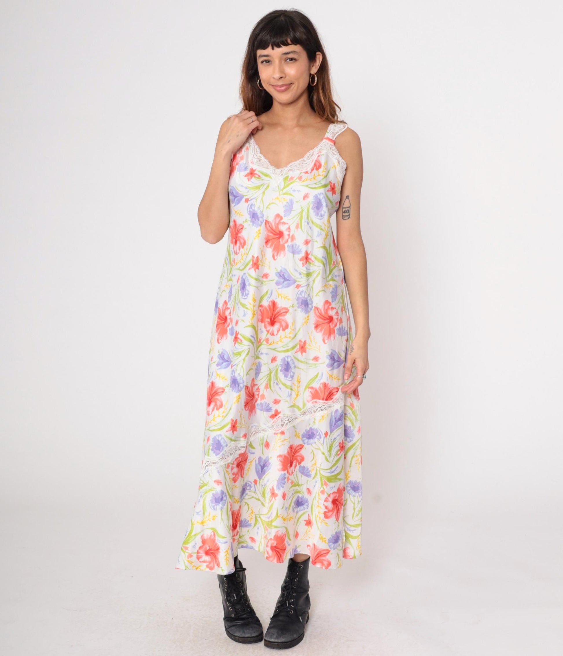 90s White Floral Maxi Slip Dress Coral Purple Lace Trim Large