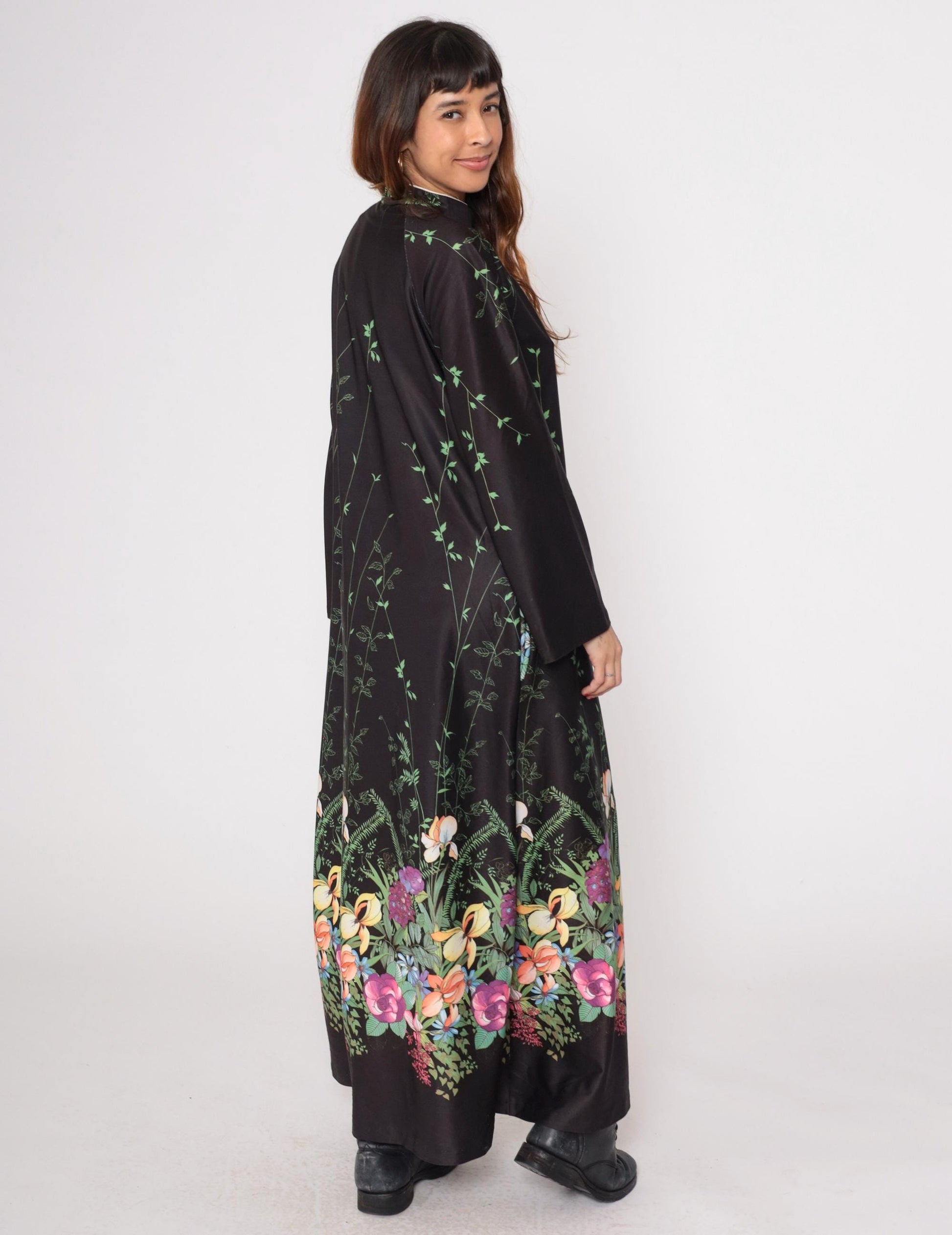 70s Black Floral Maxi Dress Zip Front Long Sleeve Botanical Print Medium Large