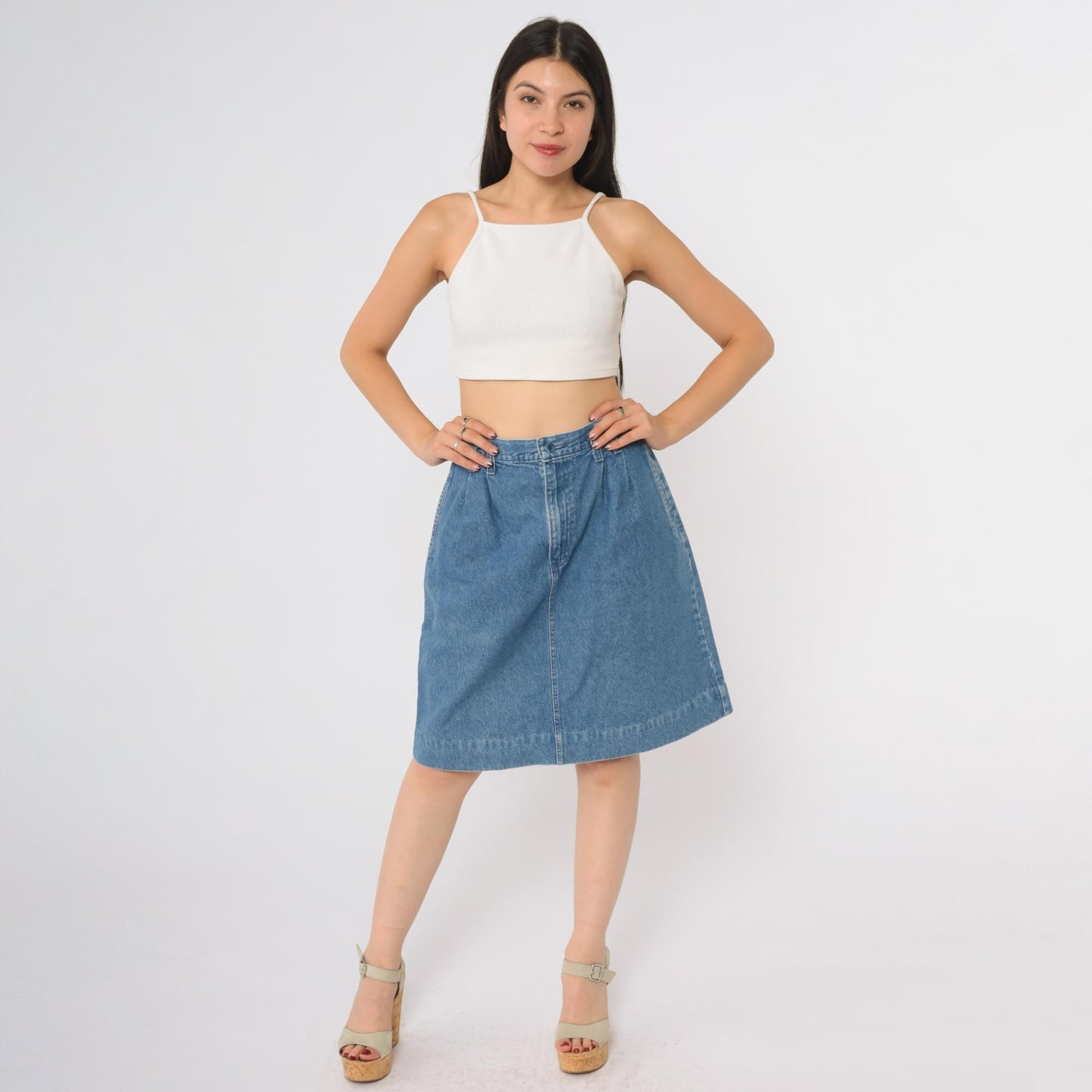 90s Lands End Denim A-Line Midi Skirt High Waist Blue Cotton Large L