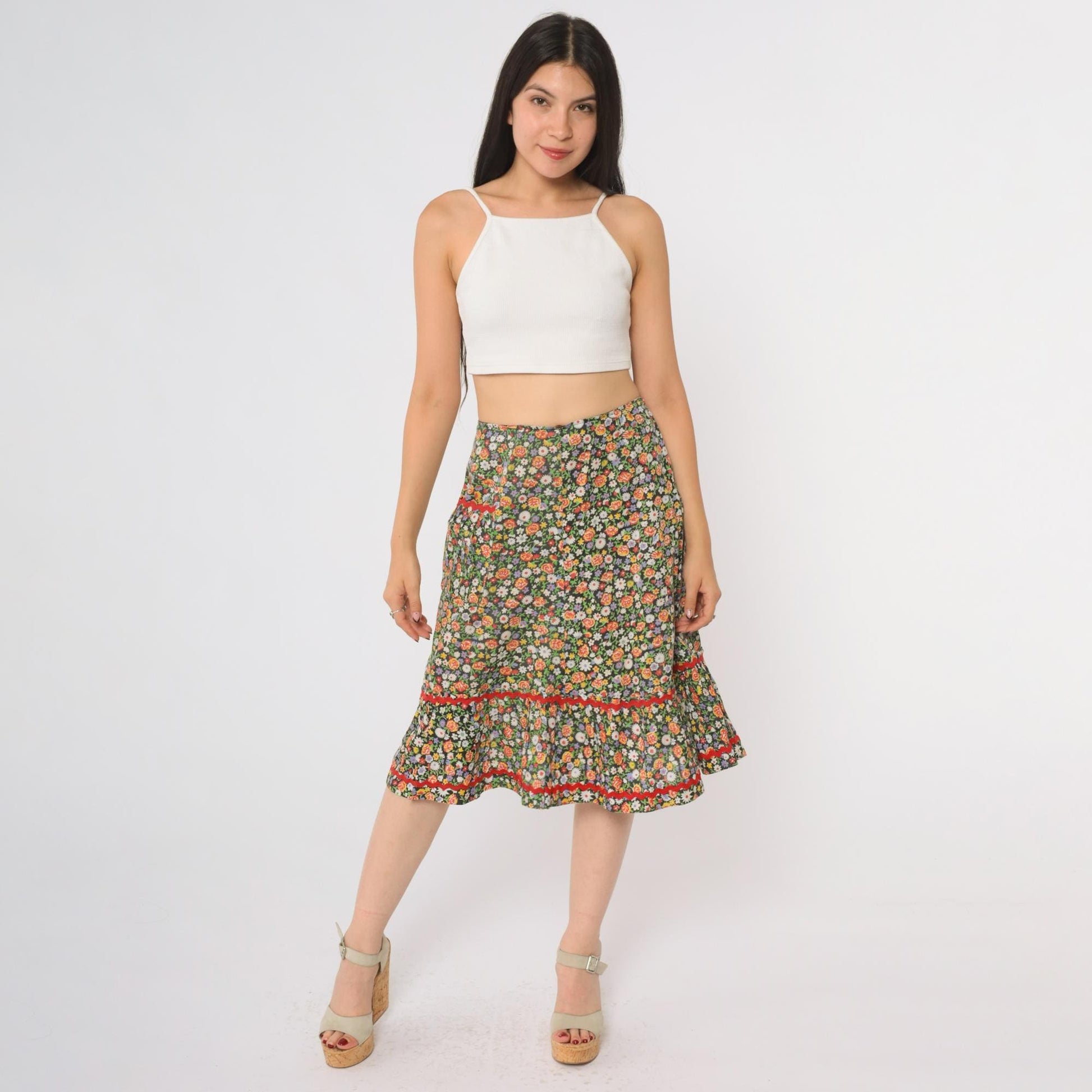 70s Floral Prairie Skirt Tiered Ruffle Midi Black Red Rickrack Small