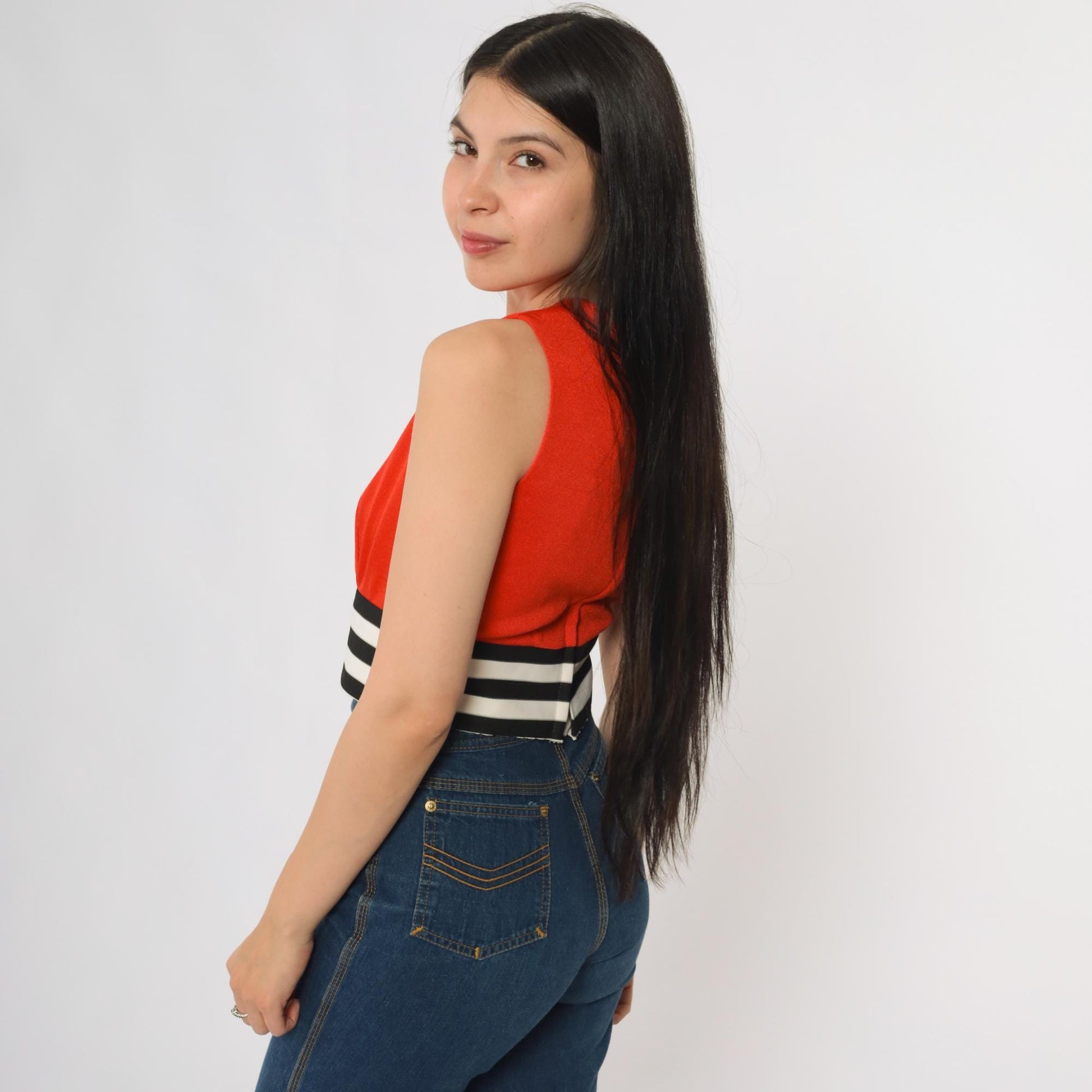 70s Red Orange Tank Top Striped Waistband Cropped Sleeveless Extra Small 2XS