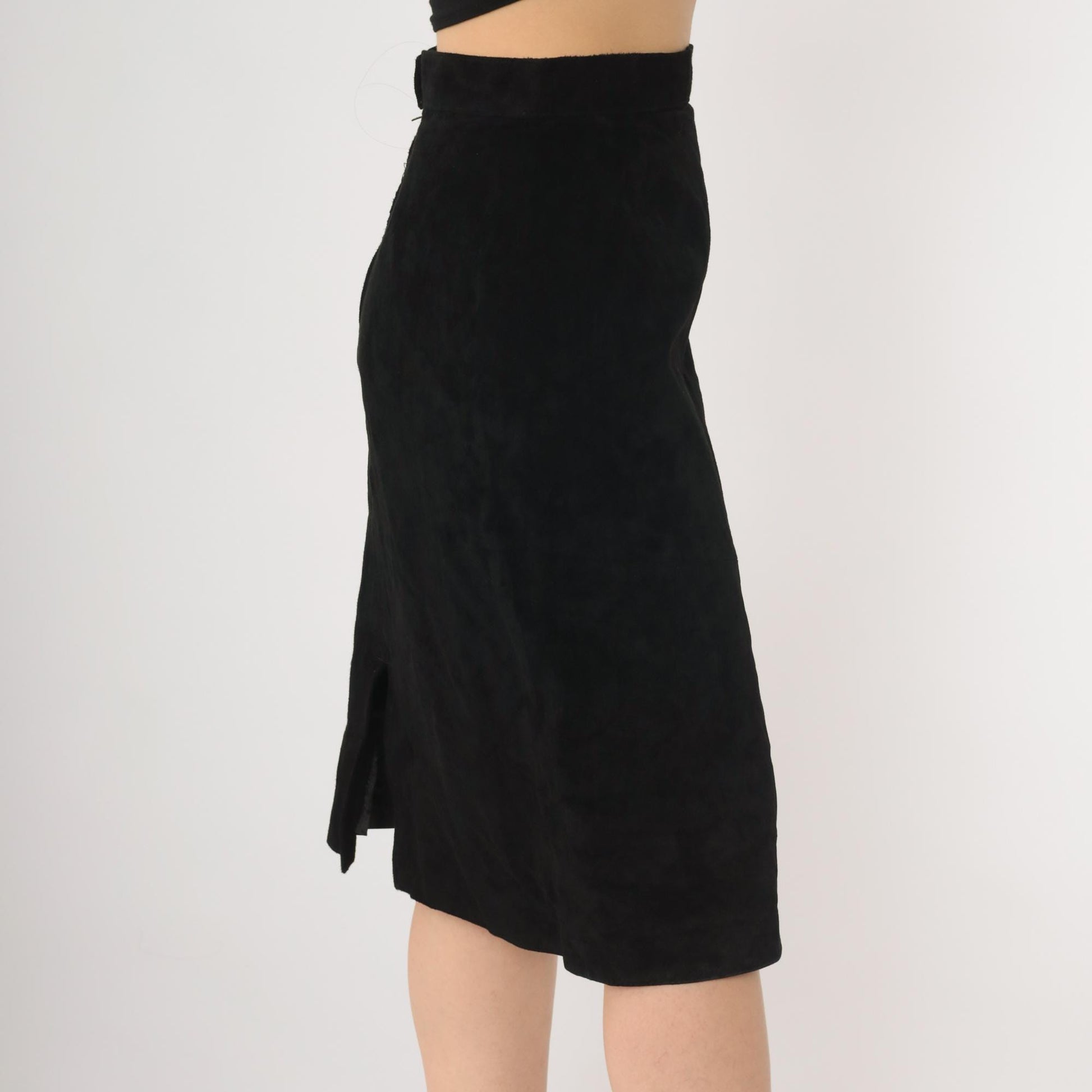 90s Evan Davies Black Suede Midi Skirt High Waisted Side Zip Medium